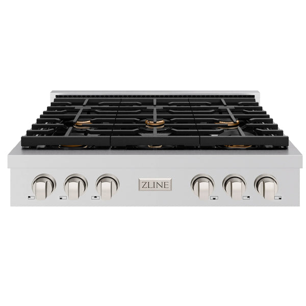 ZLINE Paramount 36-Inch Gas Rangetop with 6 Brass Burners and Porcelain Cooktop in Stainless Steel (SRT-BR-36)