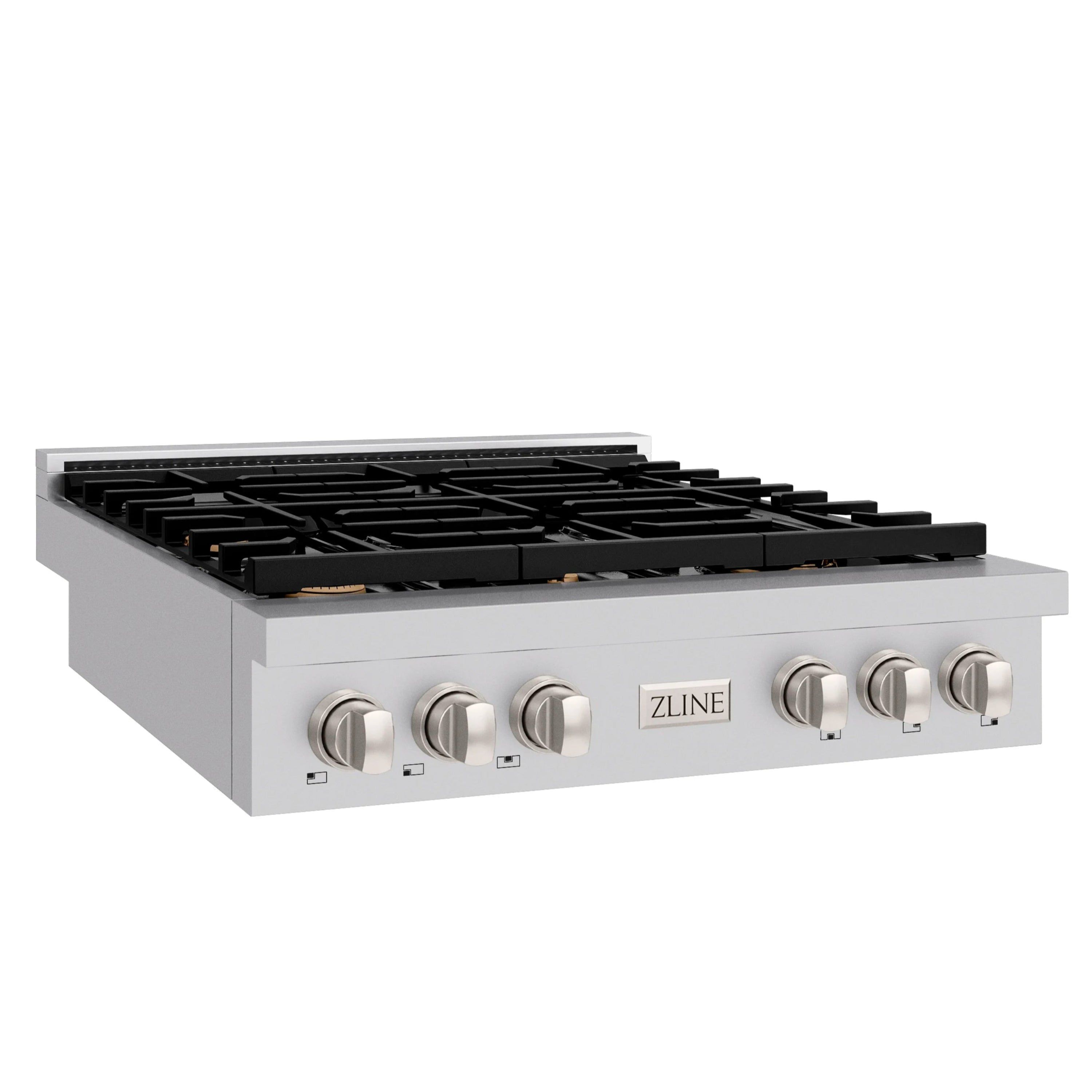 Side view stainless gas rangetop with six grates and control knobs