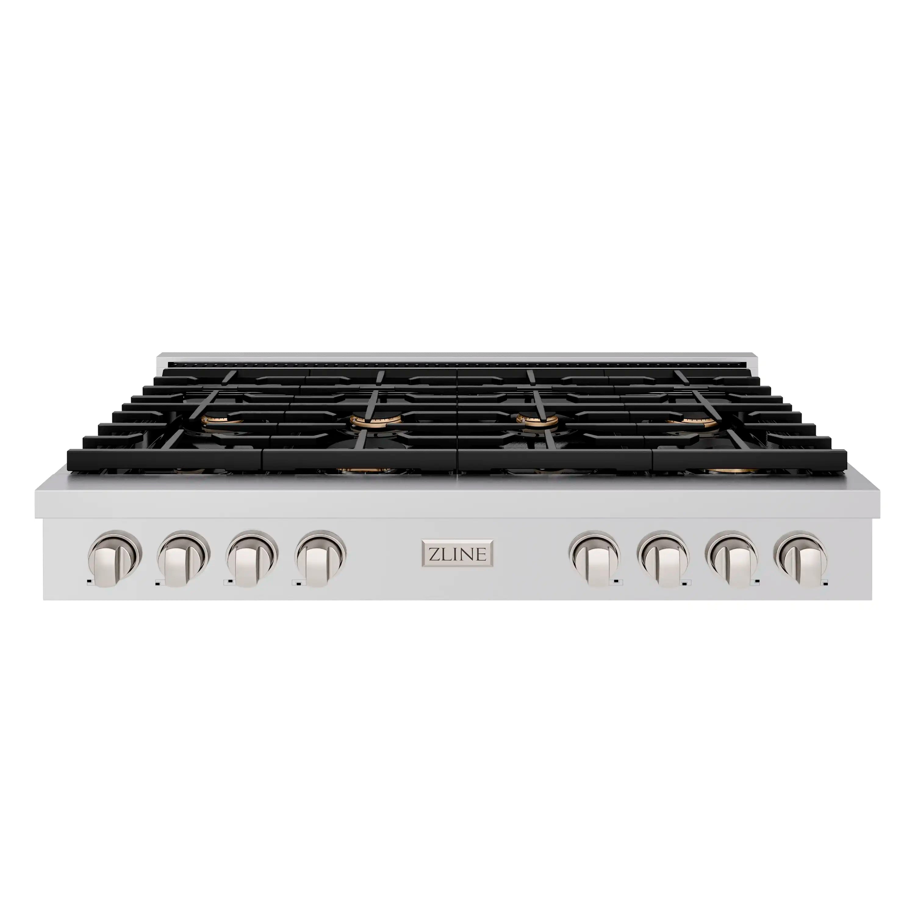 ZLINE 48-in stainless gas rangetop with black grates, brass burner heads, knob controls