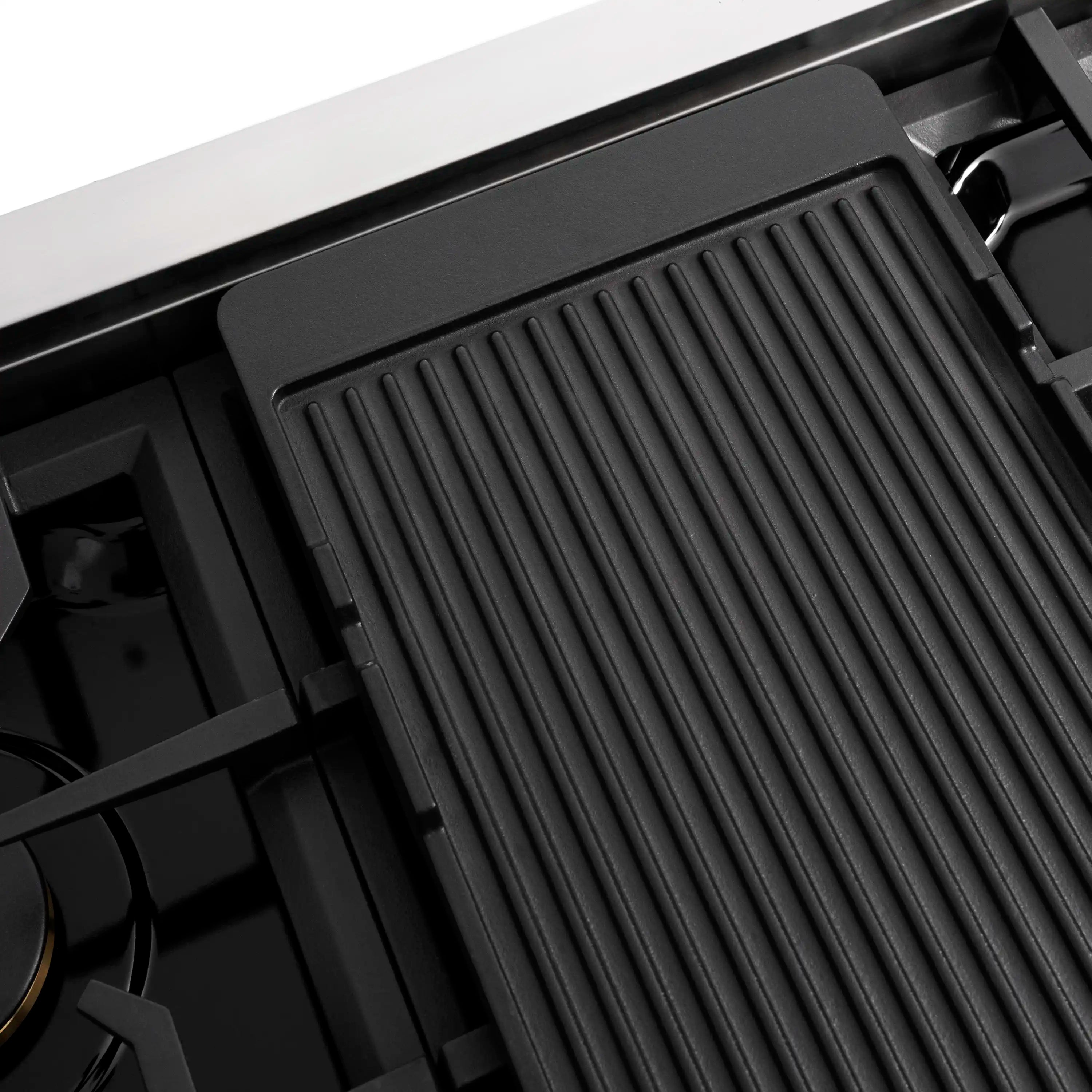 Black ridged griddle insert shown on a gas rangetop cooktop