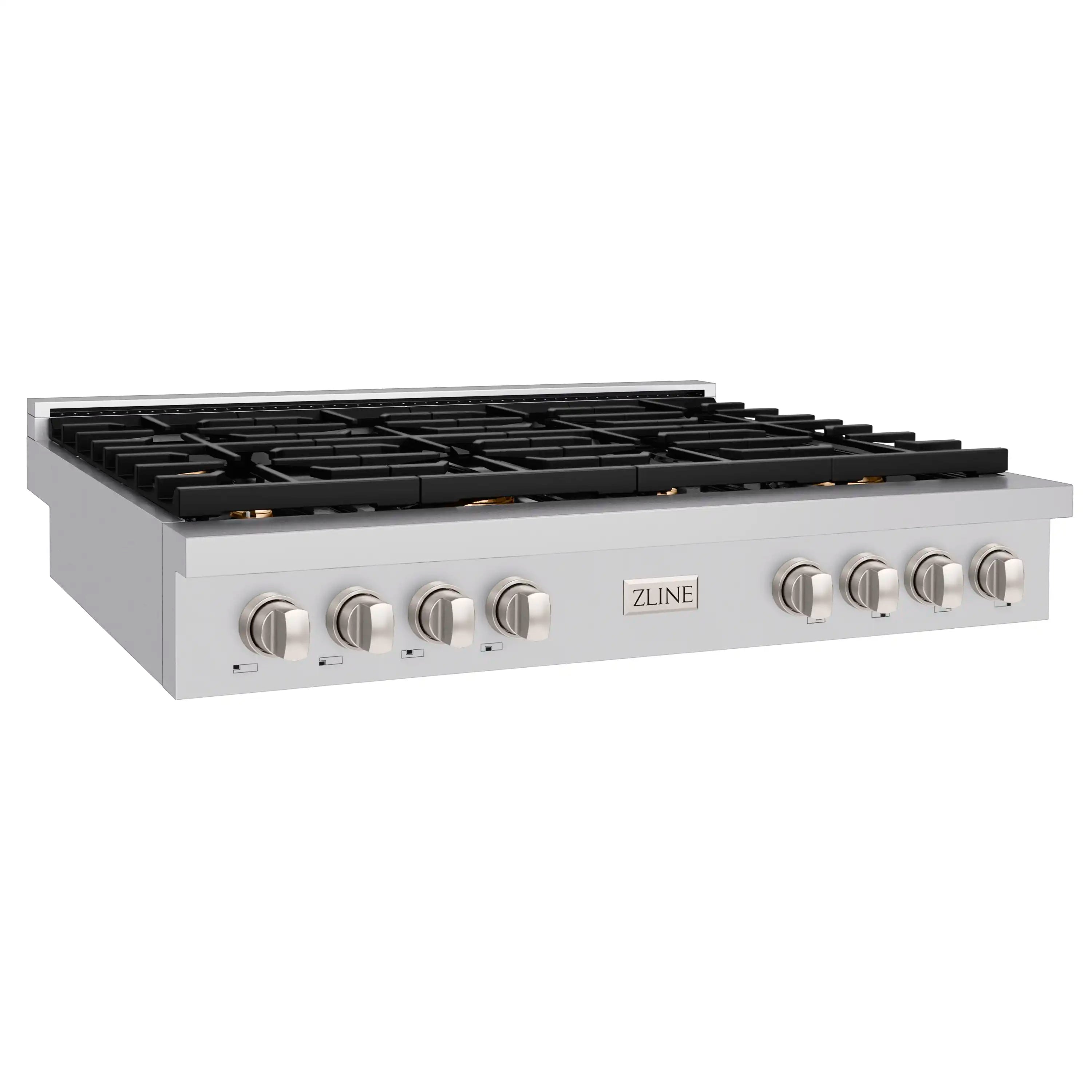 ZLINE 48-in stainless gas rangetop with black grates and brass burner heads