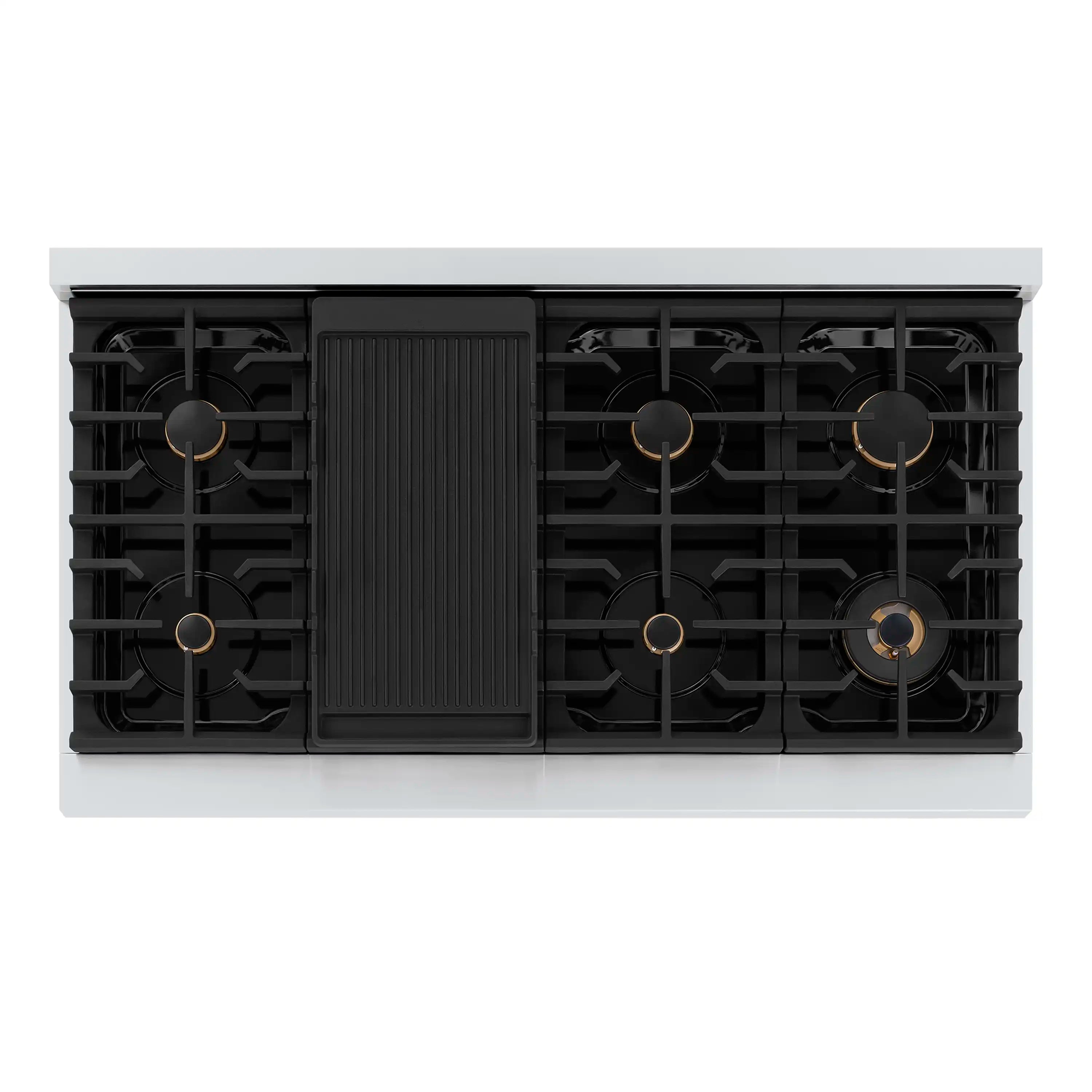Stainless gas rangetop cooktop with black burners and center ribbed grill panel