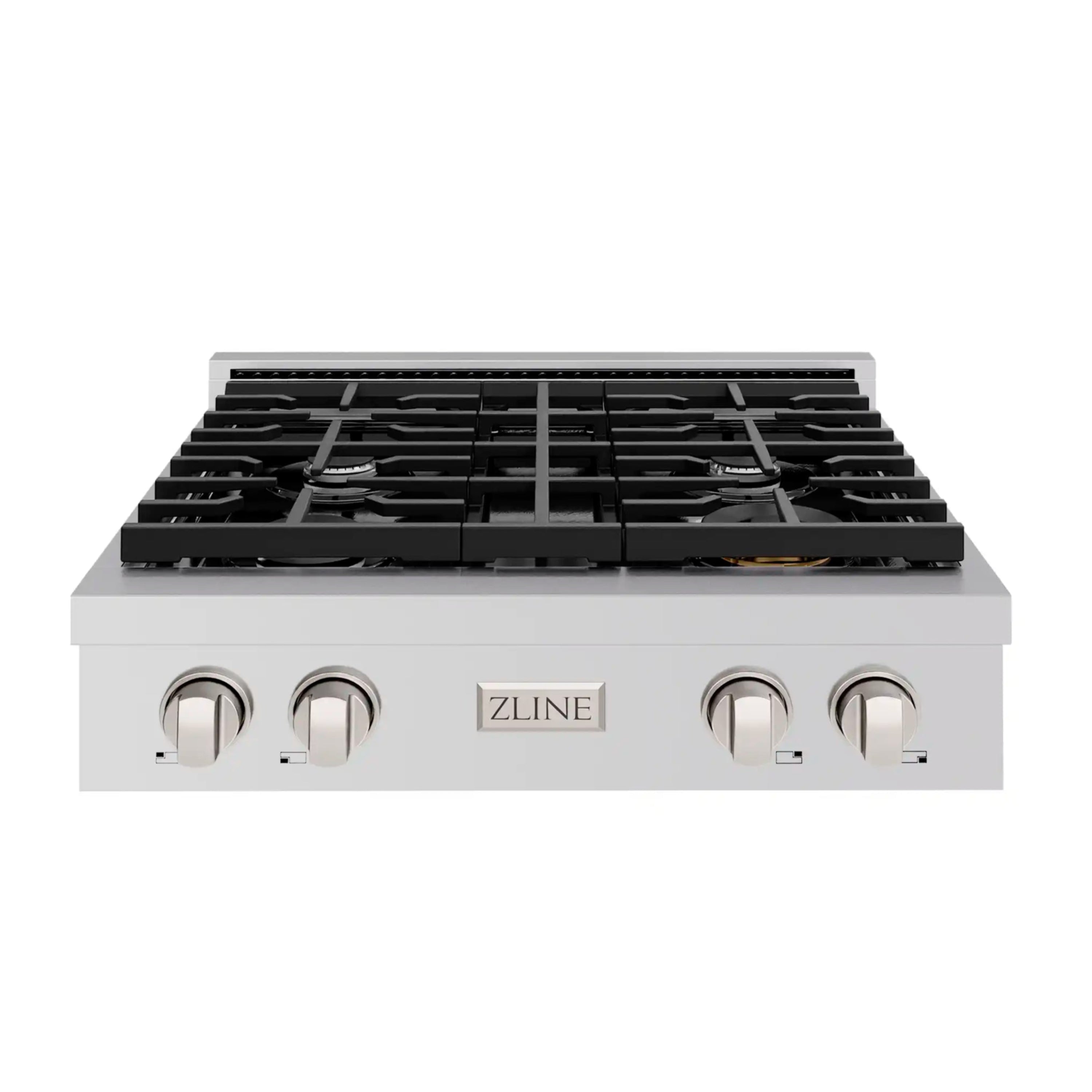 Stainless steel 4-burner gas rangetop front view with black grates and knob controls