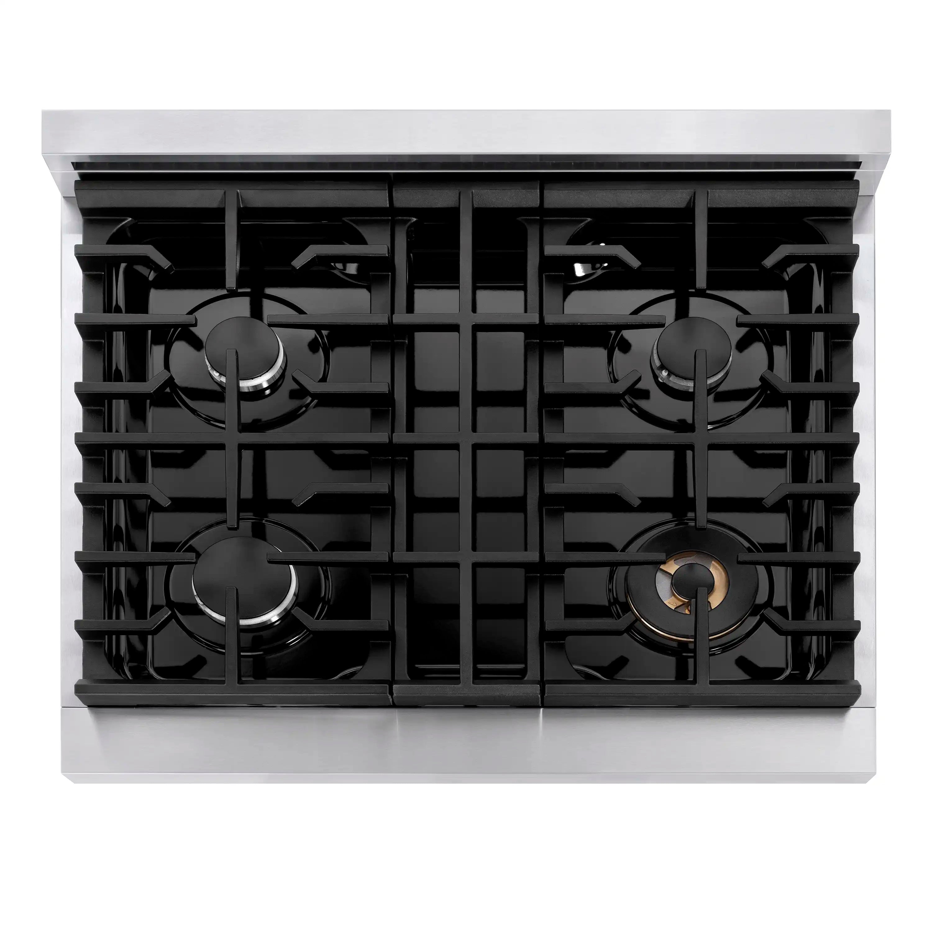 Top view of stainless steel 4-burner gas cooktop with black burner grid and controls
