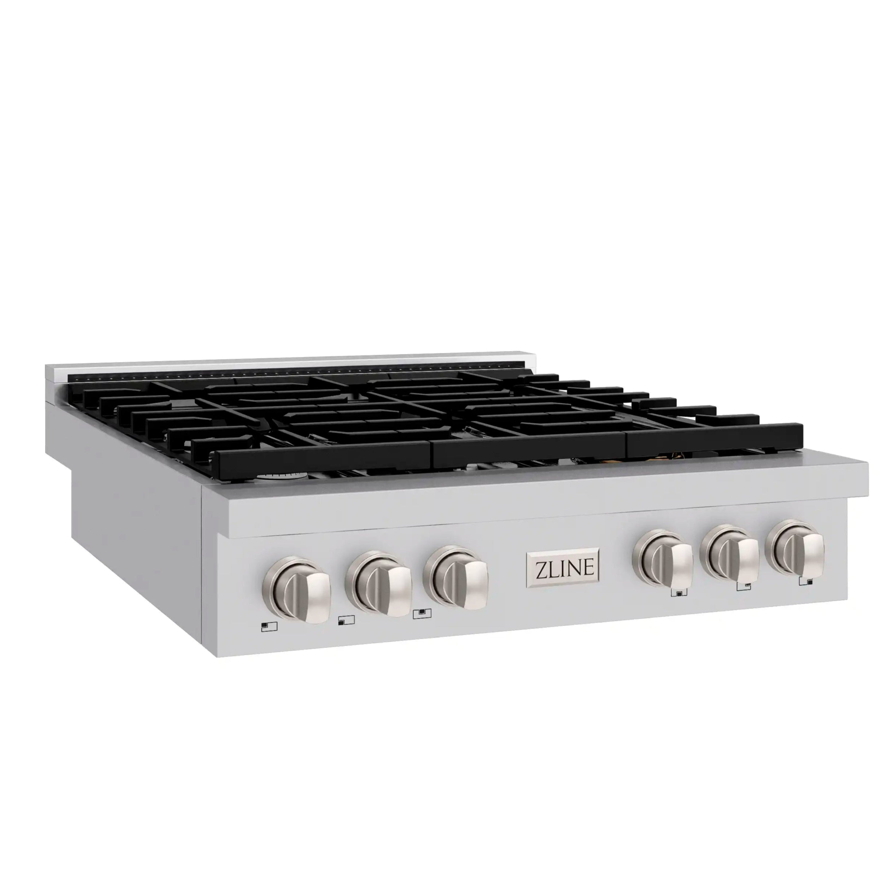 Stainless gas rangetop with black grates and six front control knobs