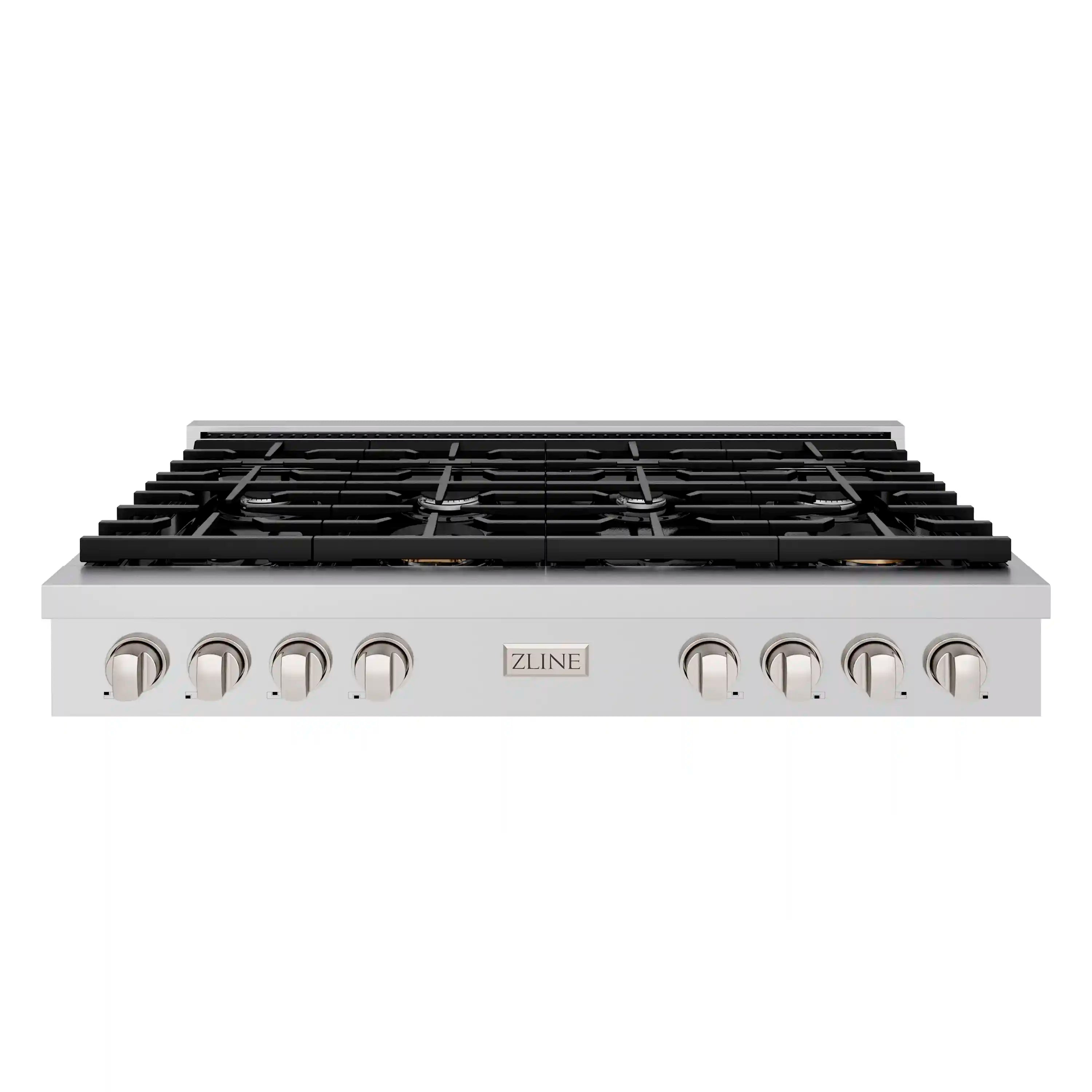 ZLINE stainless steel gas rangetop with black grates and control knobs