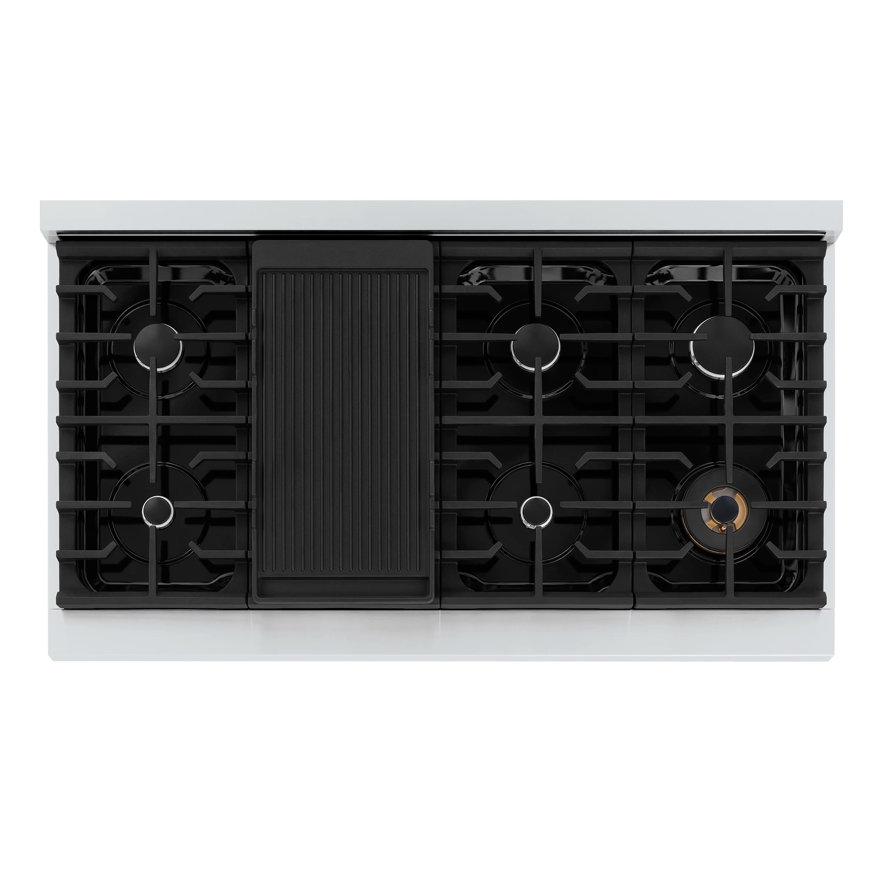 Top view of stainless steel gas rangetop with black burner grates and griddle