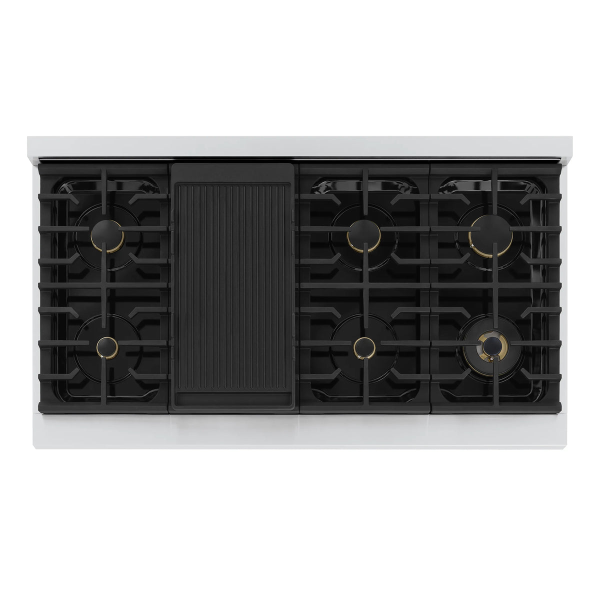 Black gas cooktop with cast grates, central door panel, and gold-accent burner knobs.