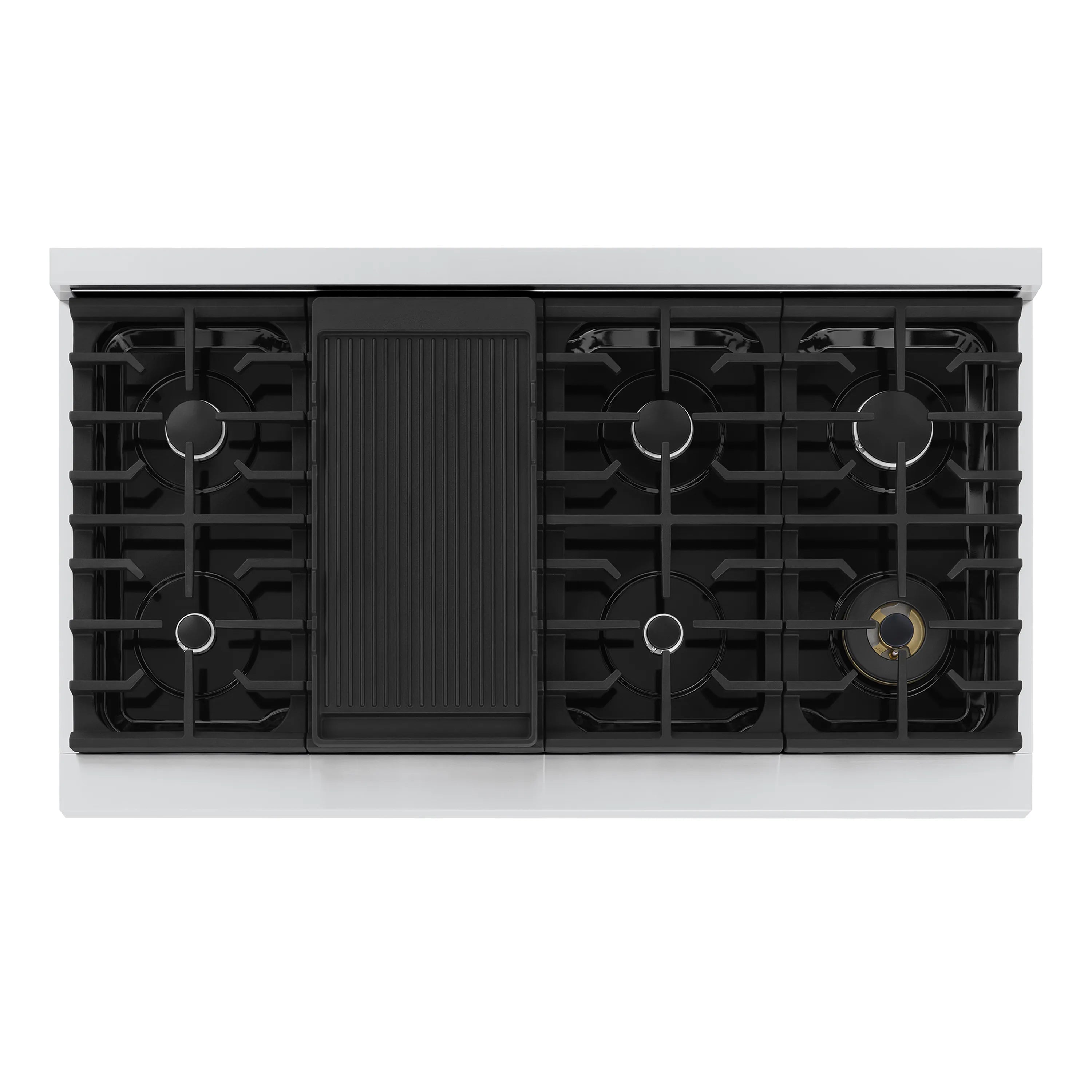 Stainless steel gas range cooktop with multiple black burner grates and center knobs
