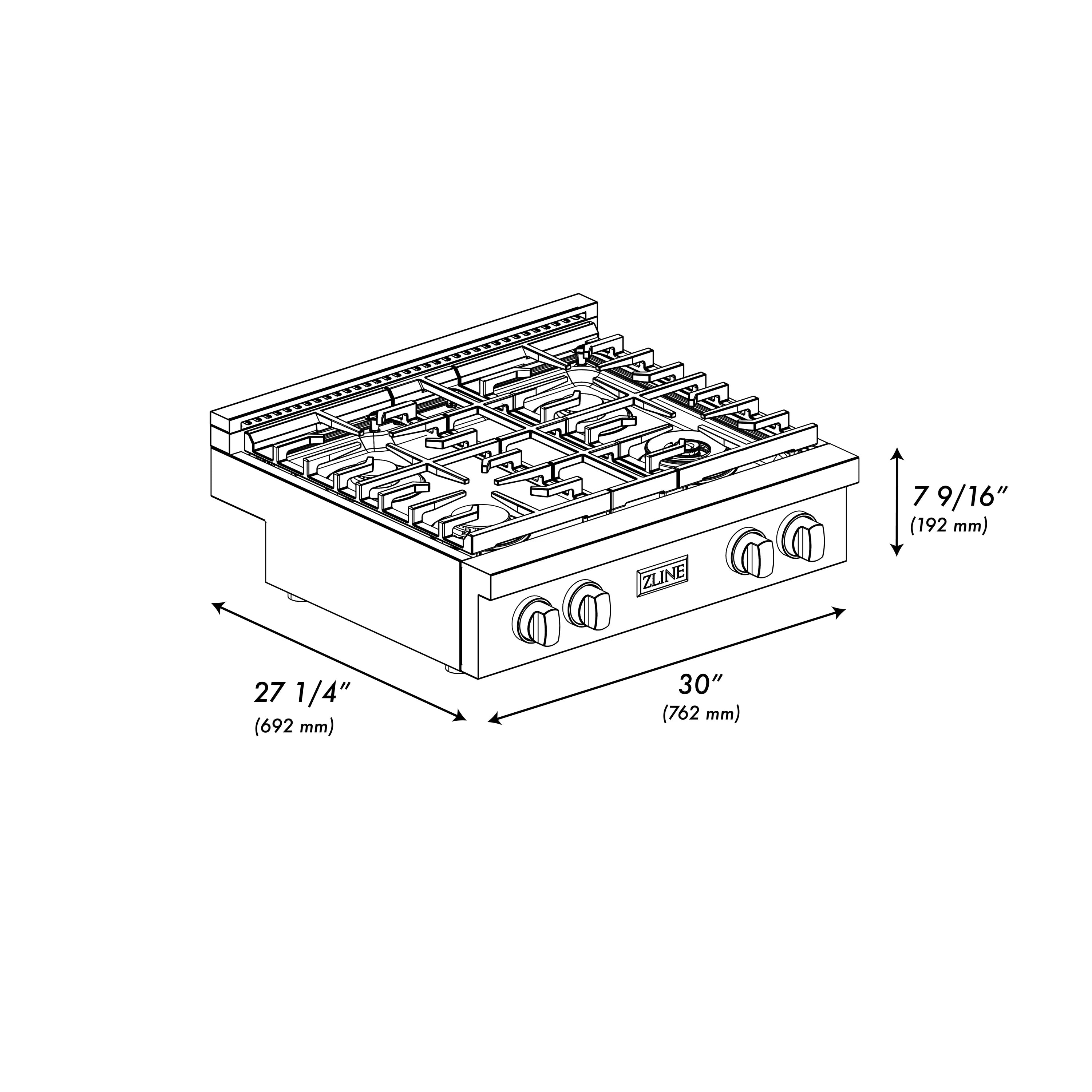 30-inch 4-burner gas rangetop dimensions diagram with stainless steel frame and black grates