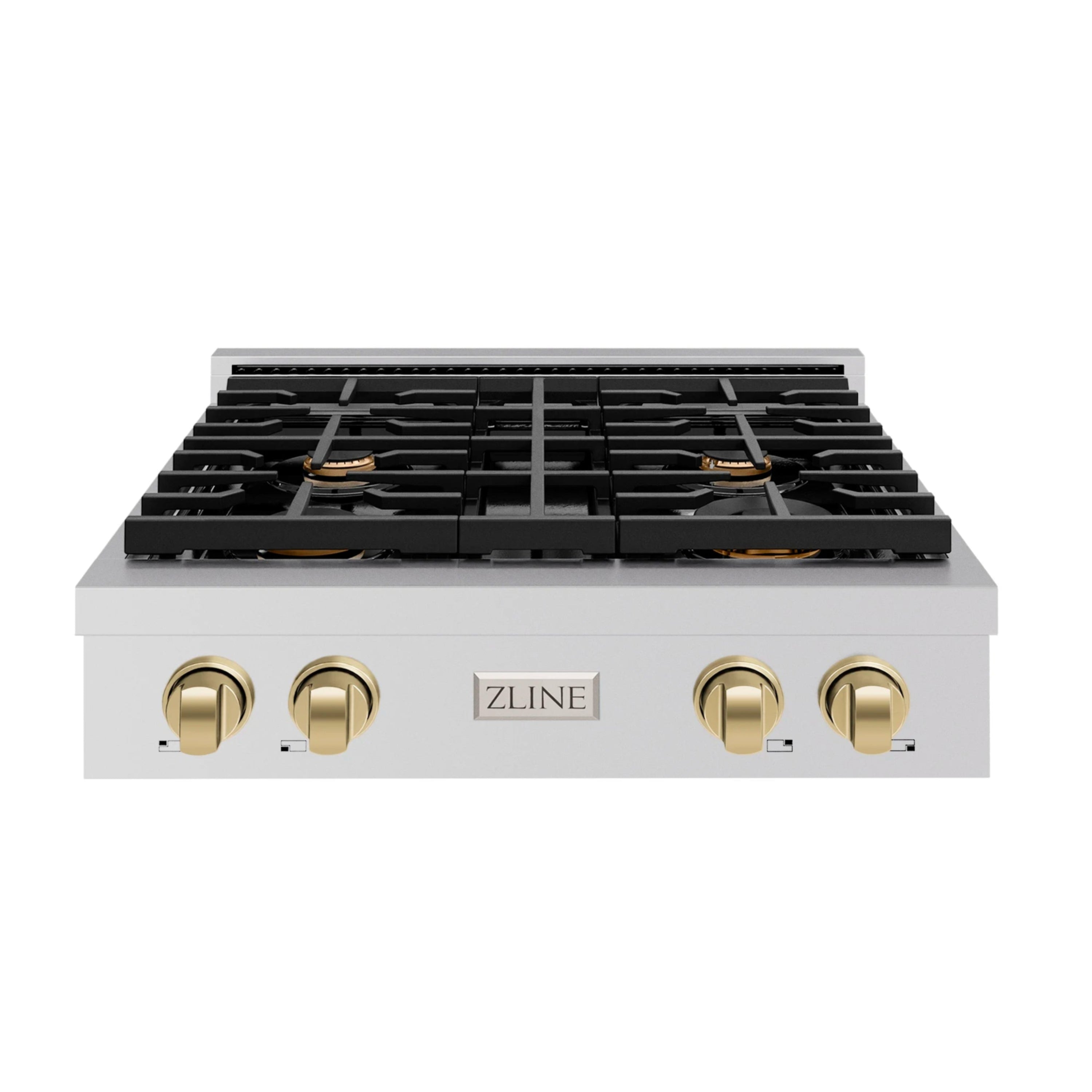 Front view of a stainless steel 4-burner gas rangetop with black grates and bronze control knobs