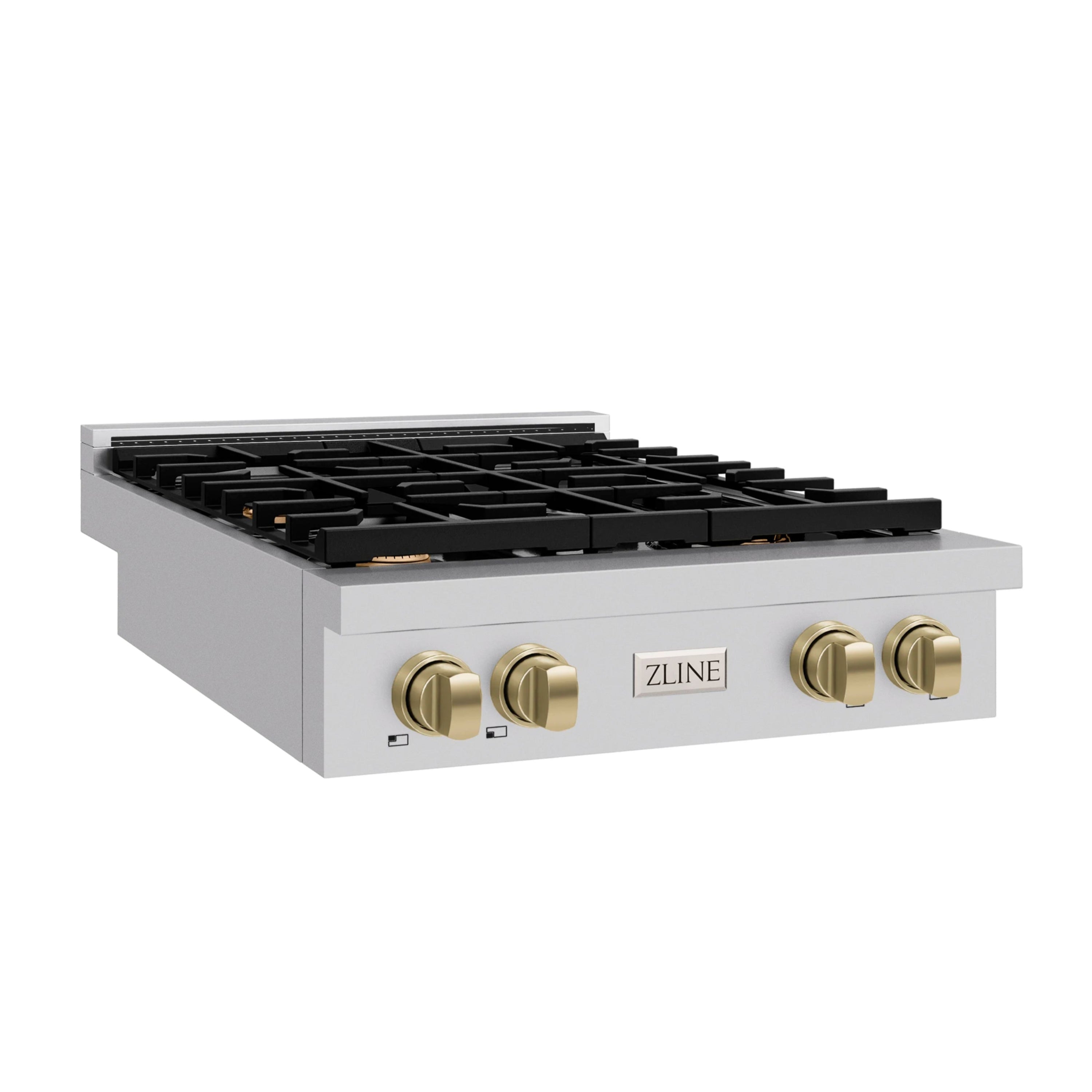 Stainless steel 4-burner gas rangetop with black grates and champagne bronze control knobs