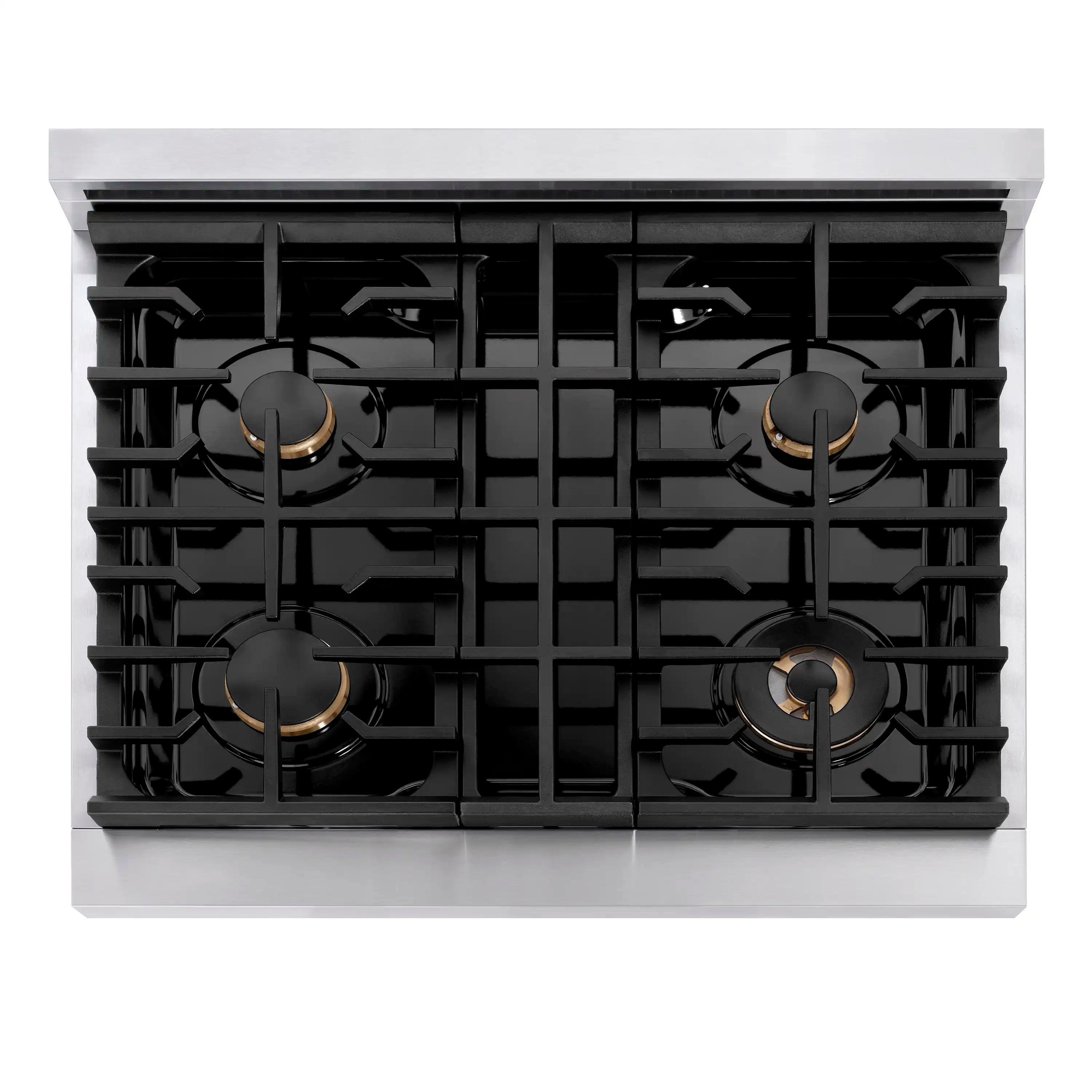 Black cooktop grates on a stainless steel 4-burner gas rangetop with champagne bronze burner caps