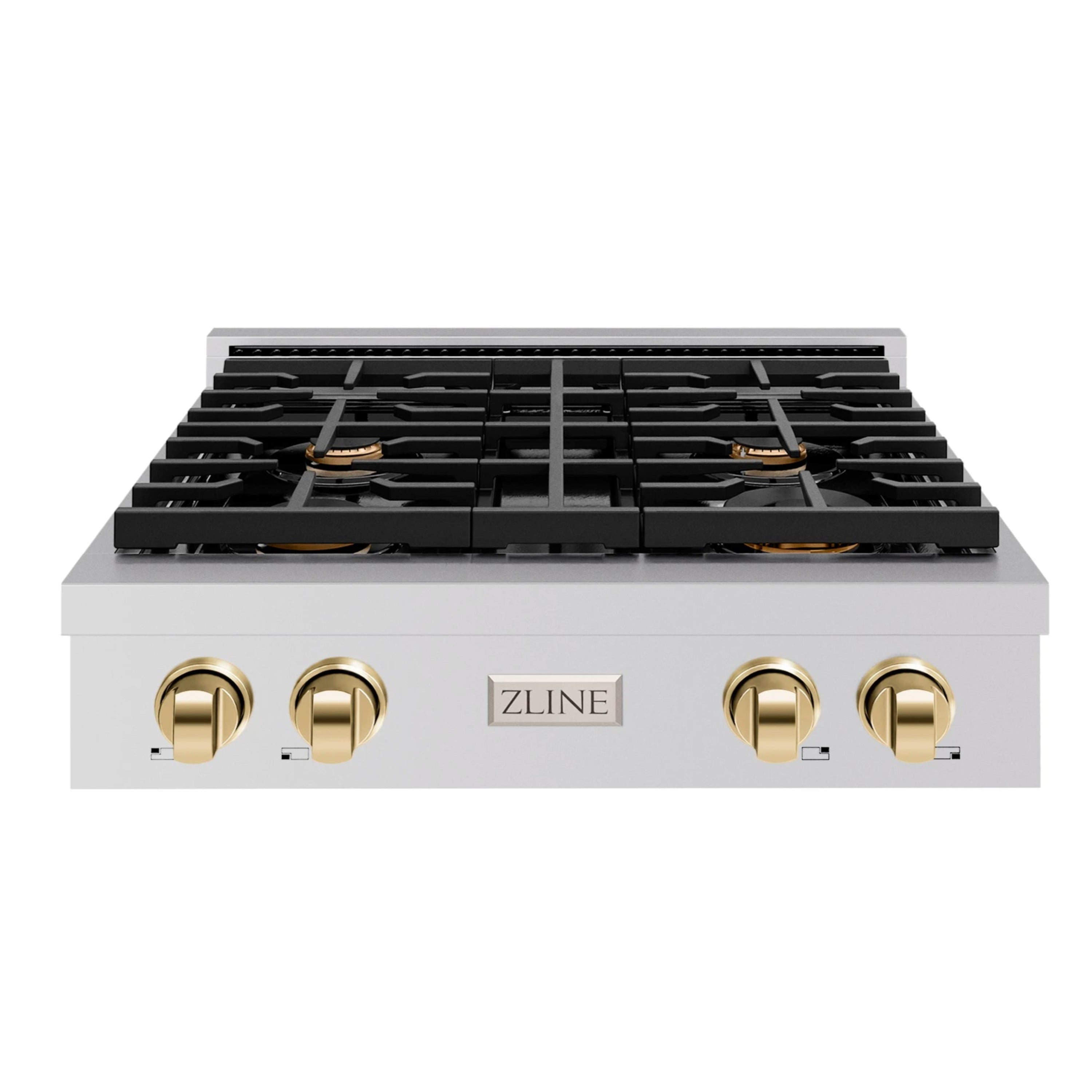 Stainless gas rangetop with four burners, black grates, and gold control knobs, ZLINE