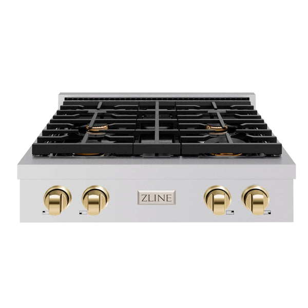 ZLINE Autograph Edition 30-Inch Paramount Gas Rangetop with 4 Burners and Porcelain Cooktop in Stainless Steel with Polished Gold Accents (SRTZ-30-G)