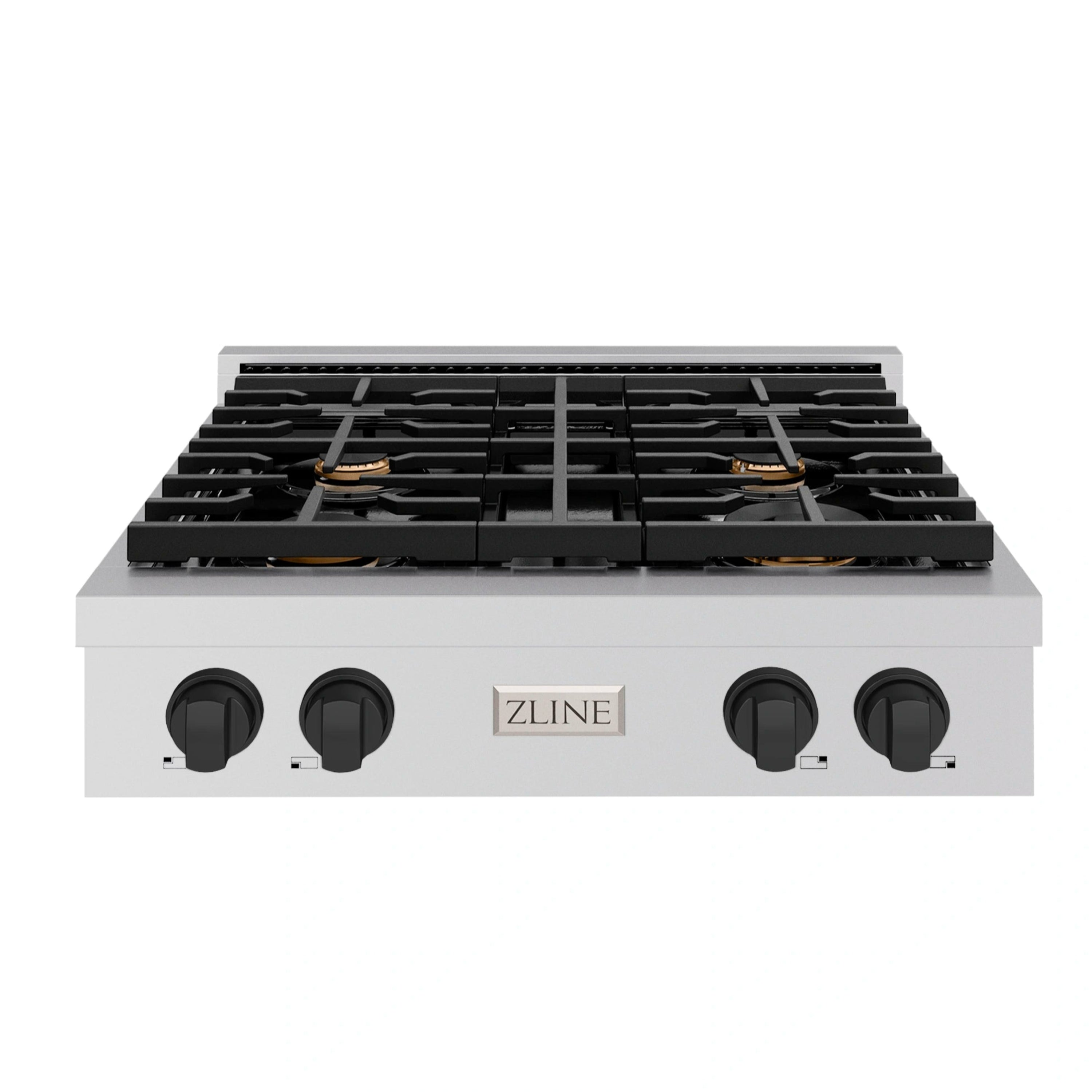Stainless steel gas rangetop with 4 black burner grates and round black control knobs
