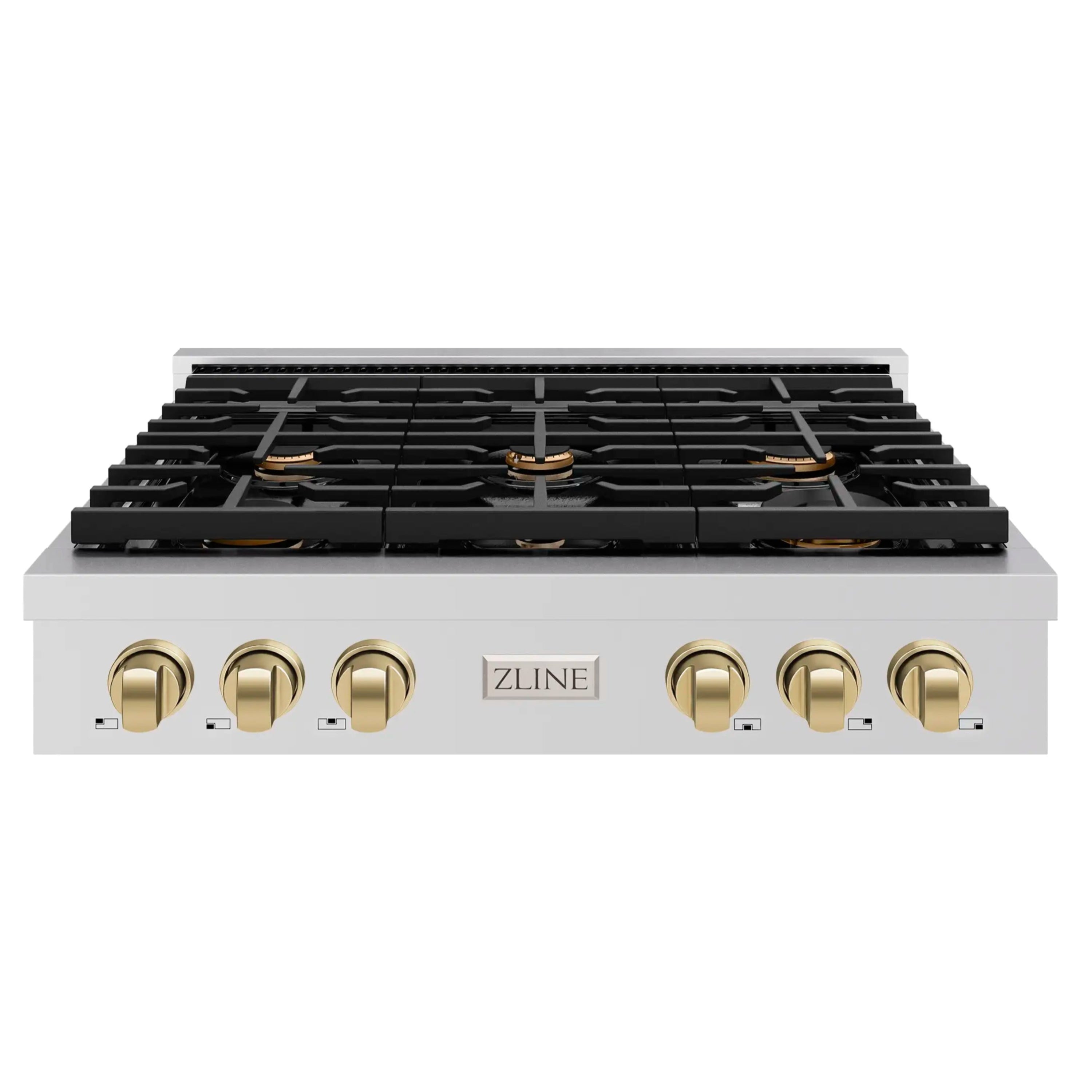 Stainless steel gas rangetop featuring black grates and six champagne bronze control knobs