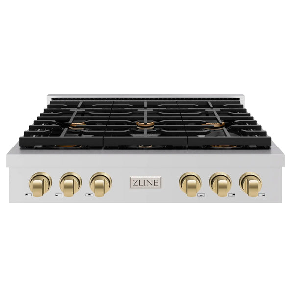 ZLINE Autograph Edition 36-Inch Paramount Gas Rangetop with 6 Burners and Porcelain Cooktop in Stainless Steel with Champagne Bronze Accents (SRTZ-36-CB)