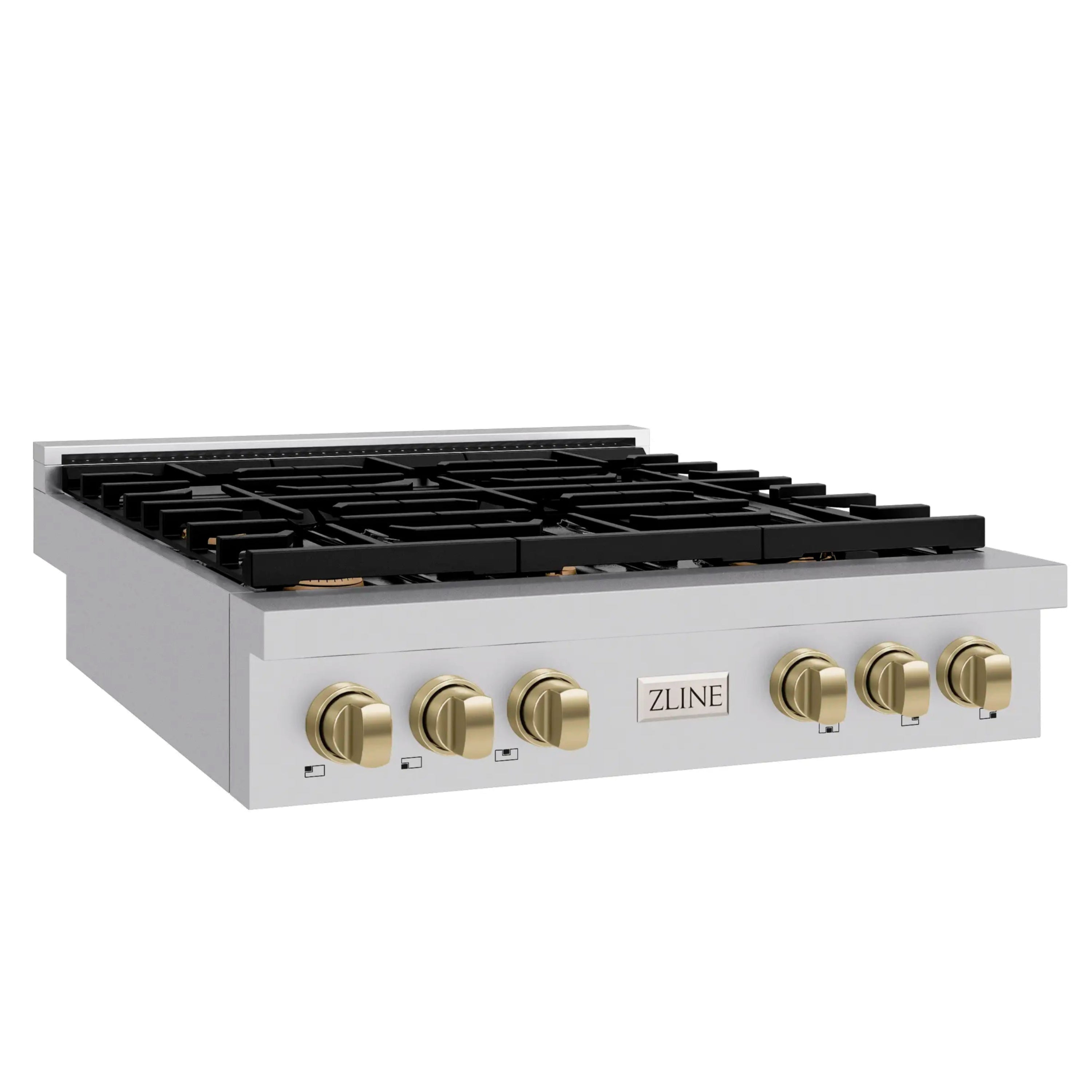Stainless steel six-burner gas rangetop with black grates and champagne bronze knobs