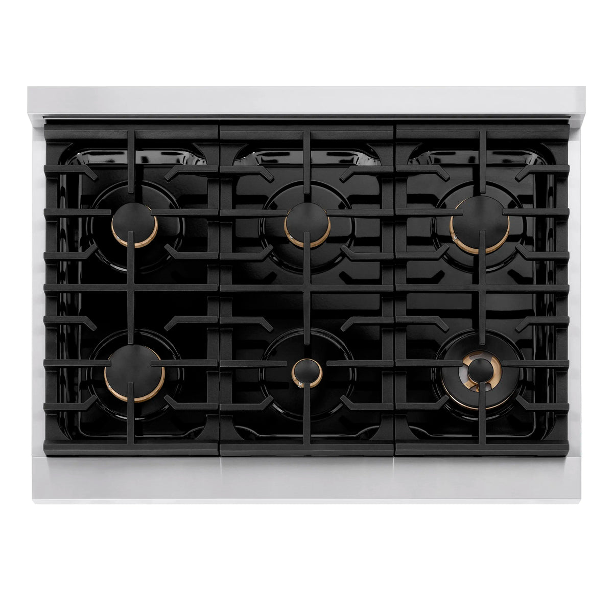 Stainless steel six-burner gas rangetop with black grates and champagne bronze accents