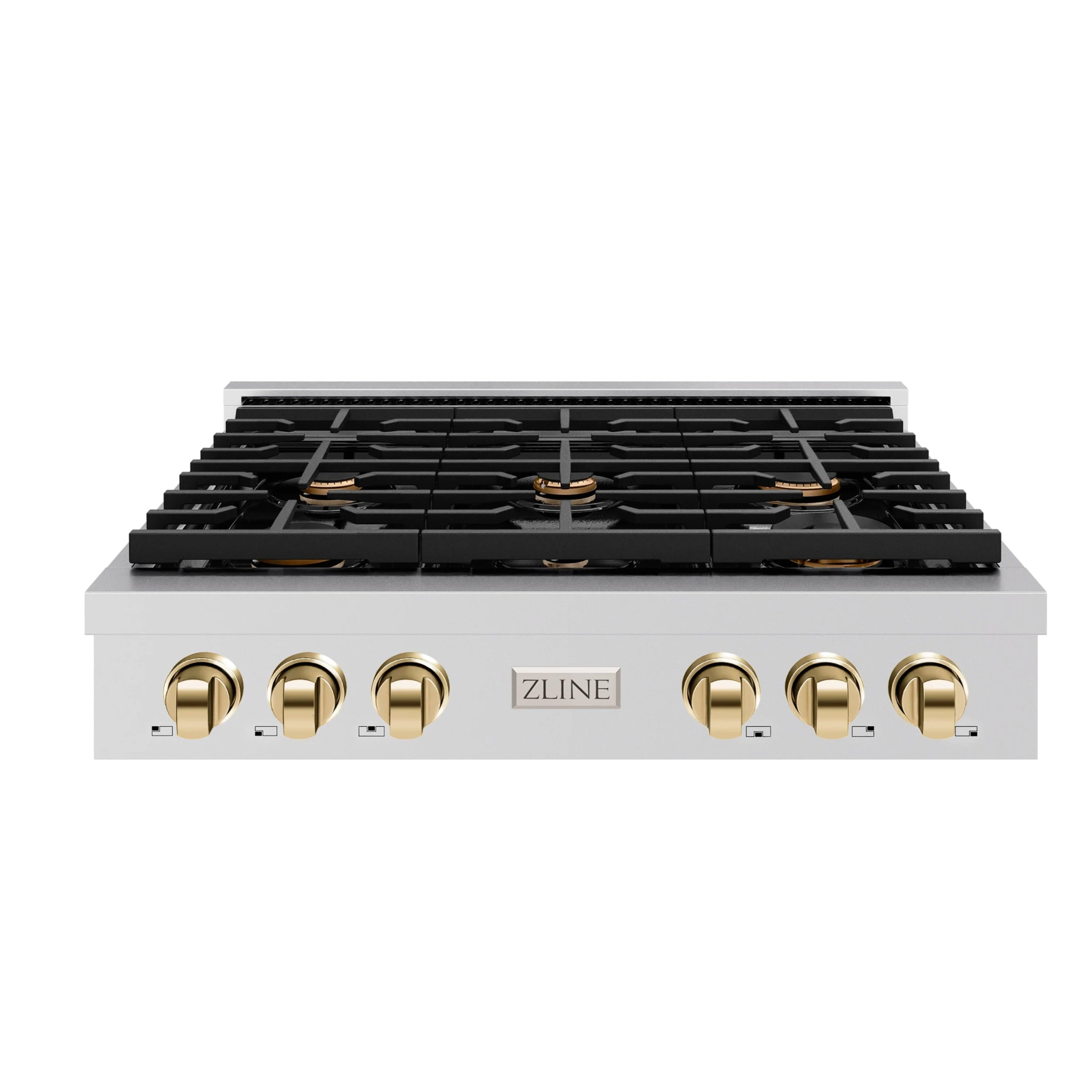 Stainless gas rangetop with six black grates and gold control knobs