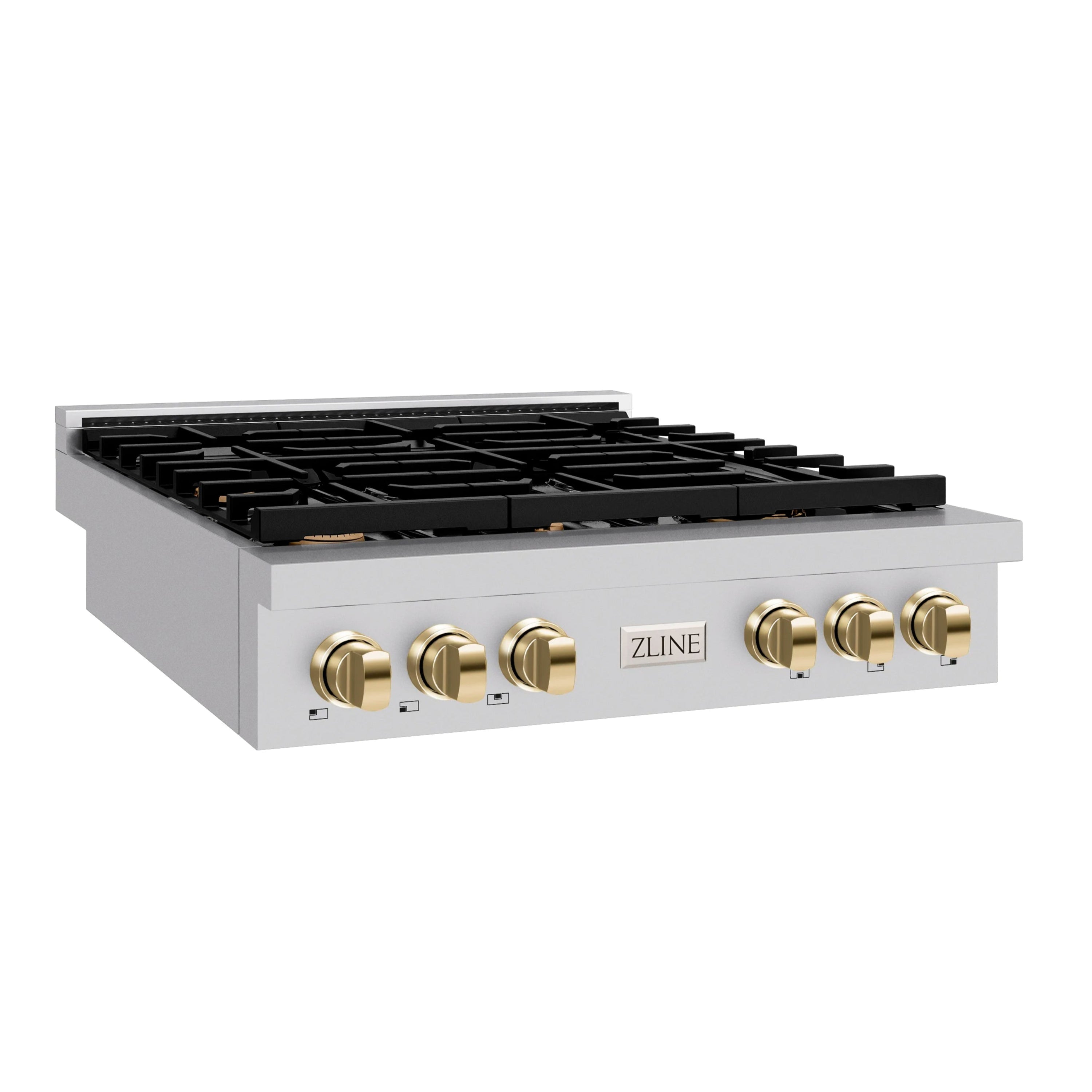 Stainless gas rangetop with black grates and gold-trim control knobs