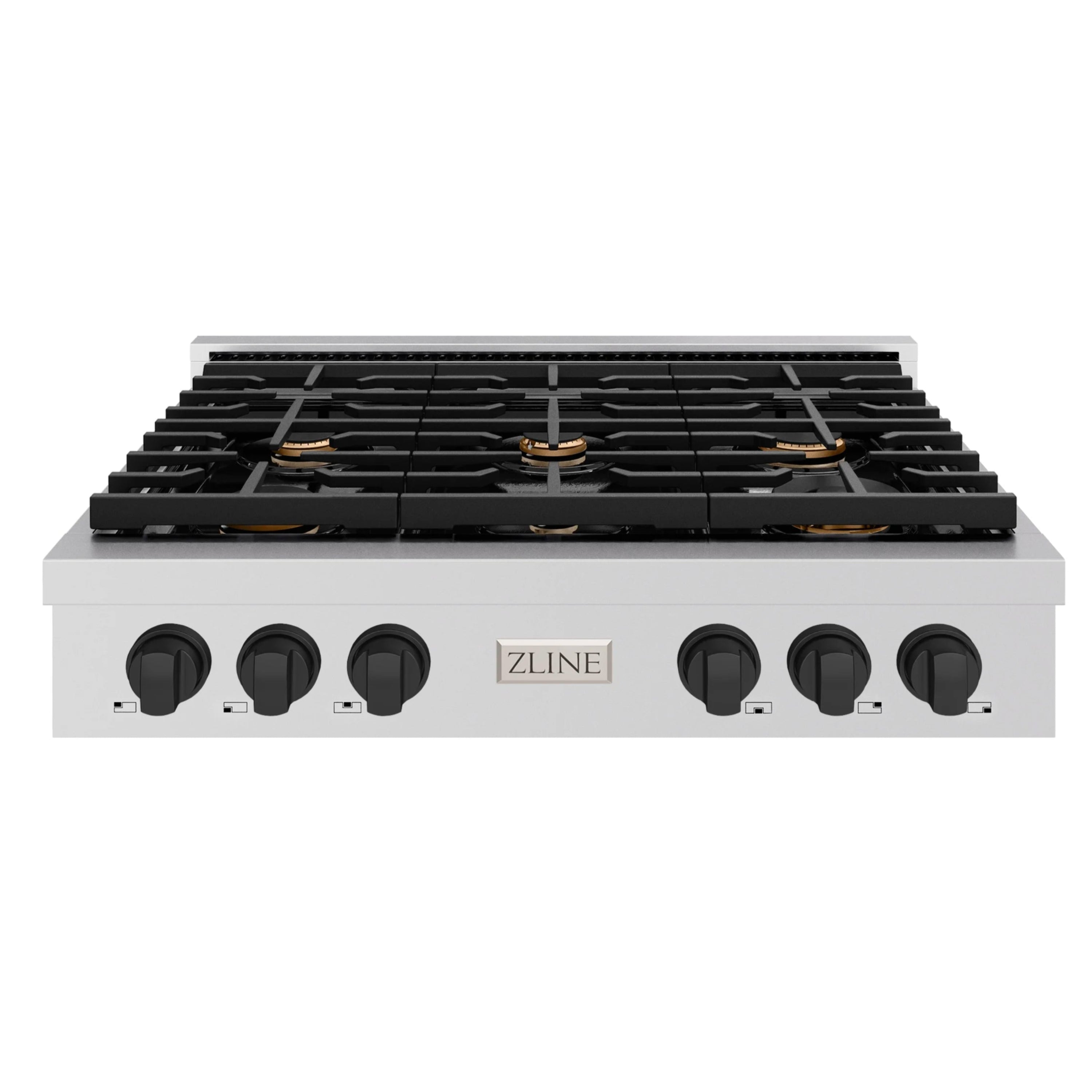 White-front gas rangetop with matte black grates, six burner knobs, and burner heads