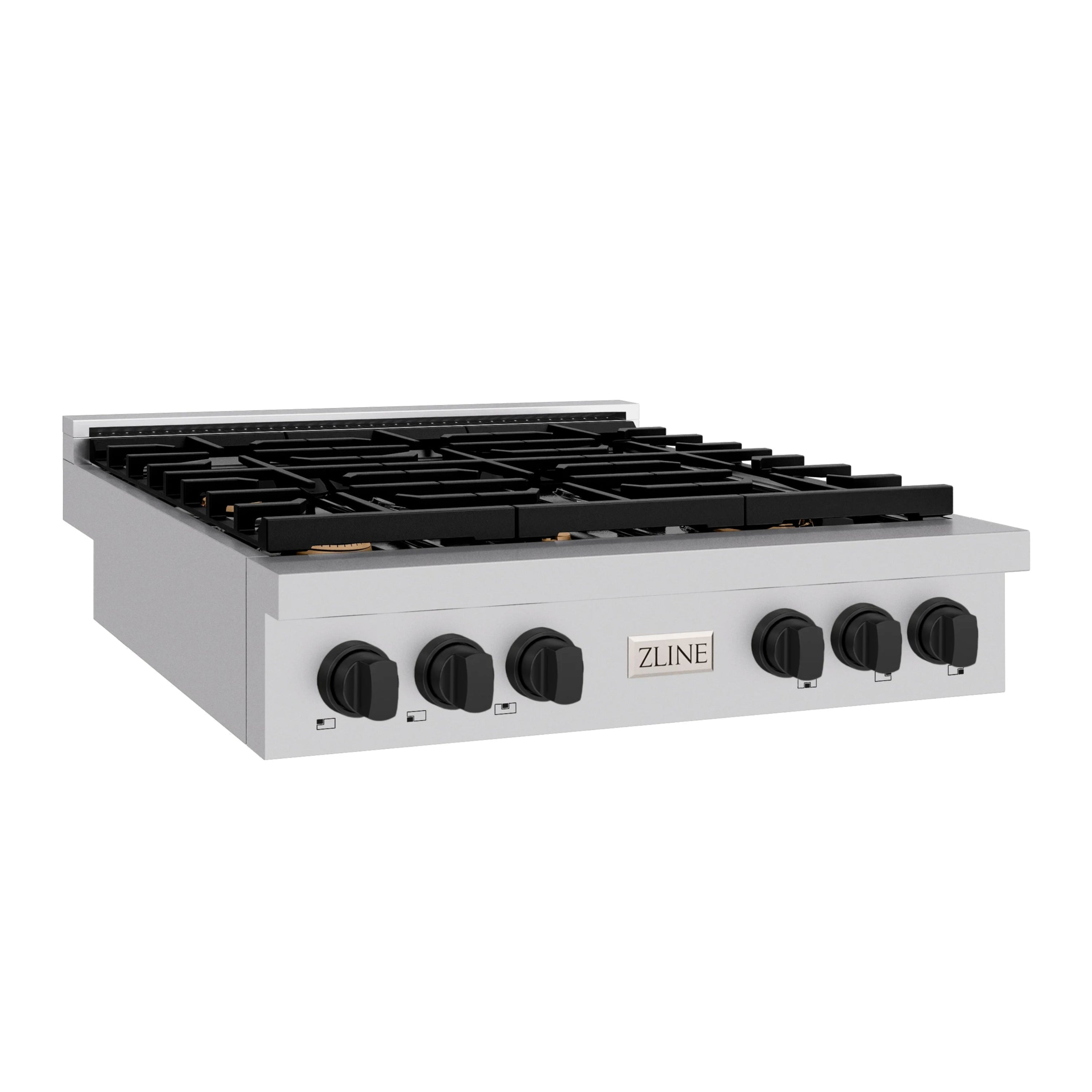 White gas rangetop with black grates, six burner knobs, and black burner tops