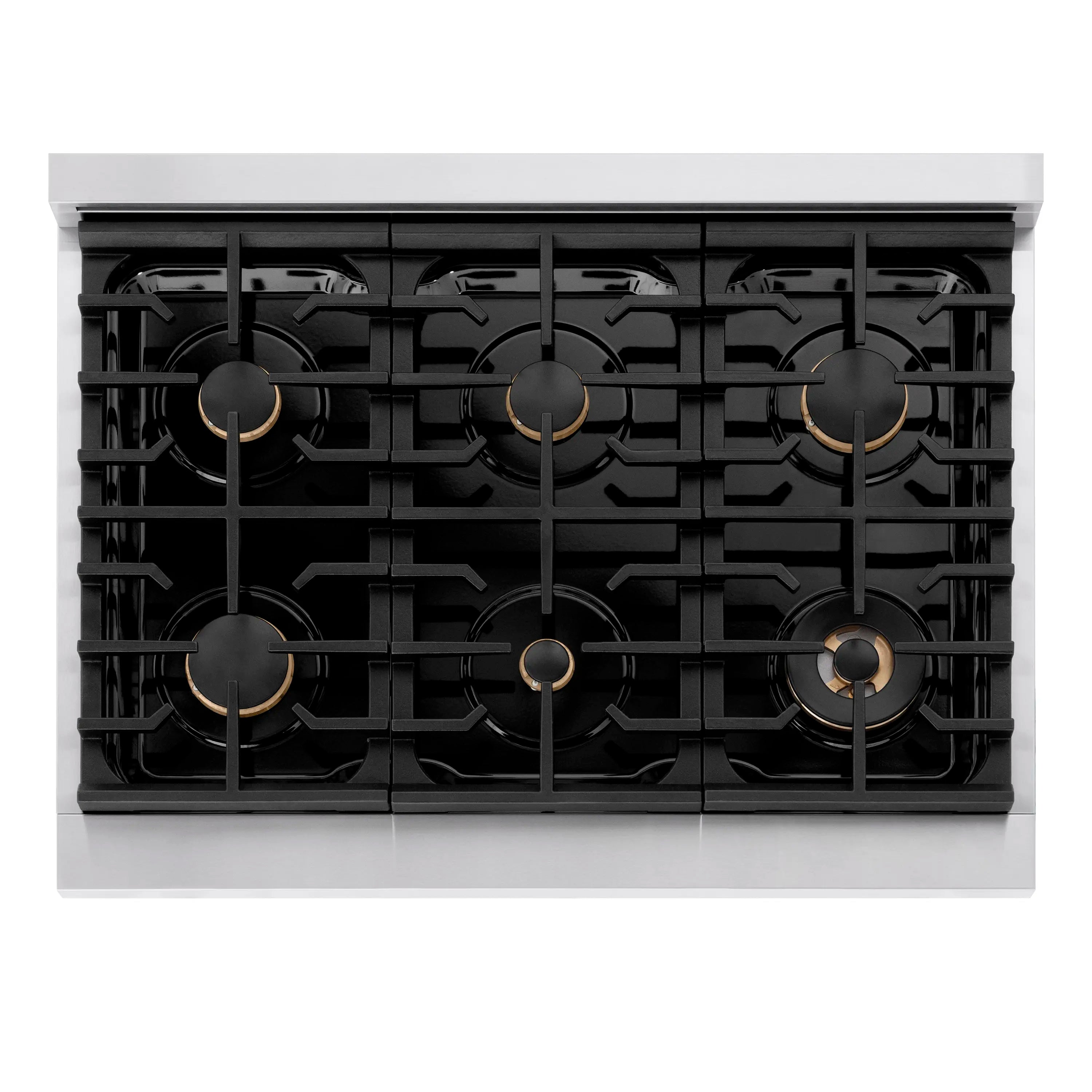 Front view of six-burner gas rangetop with black burner grates and brass burner heads