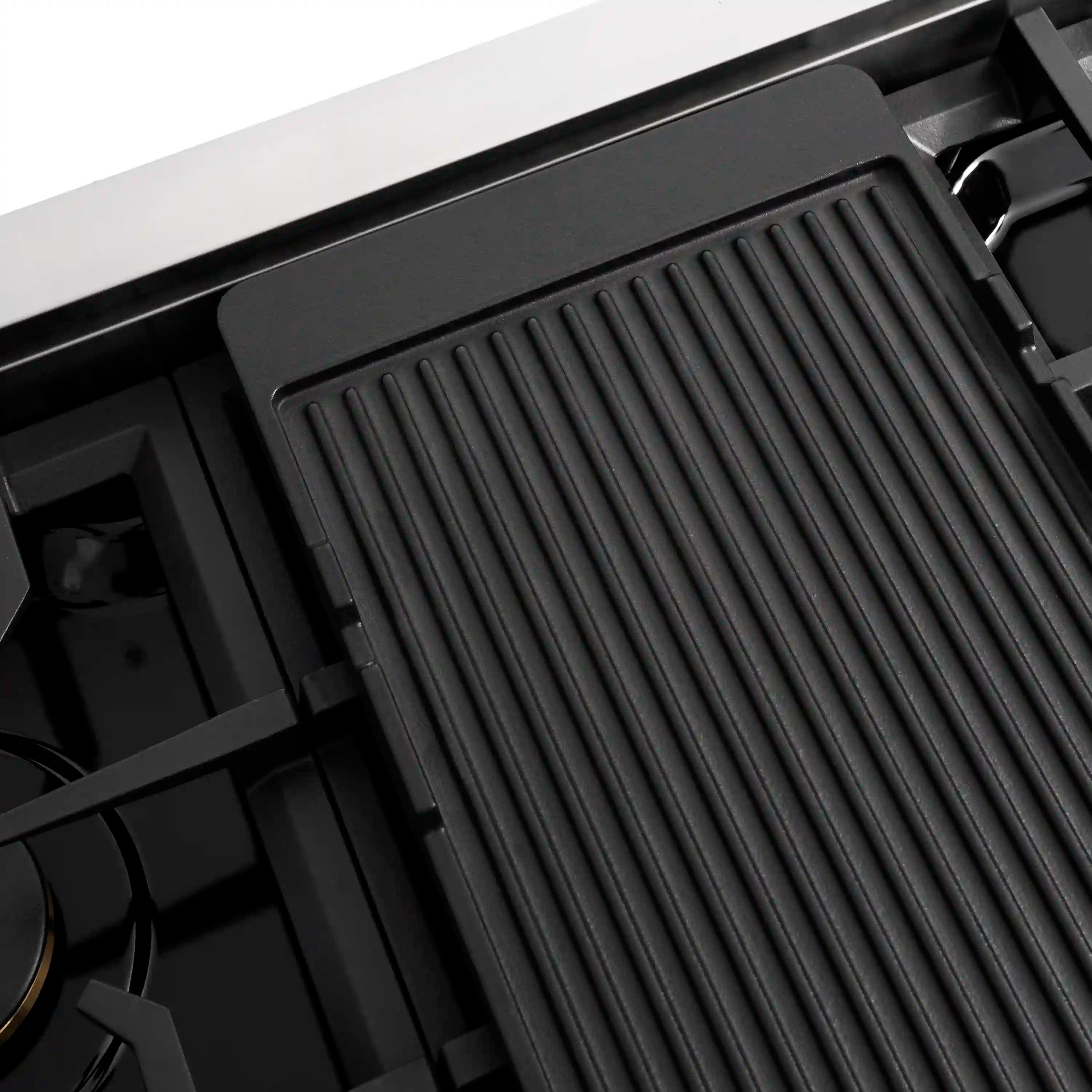 Black griddle insert with ridged surface on a gas cooktop