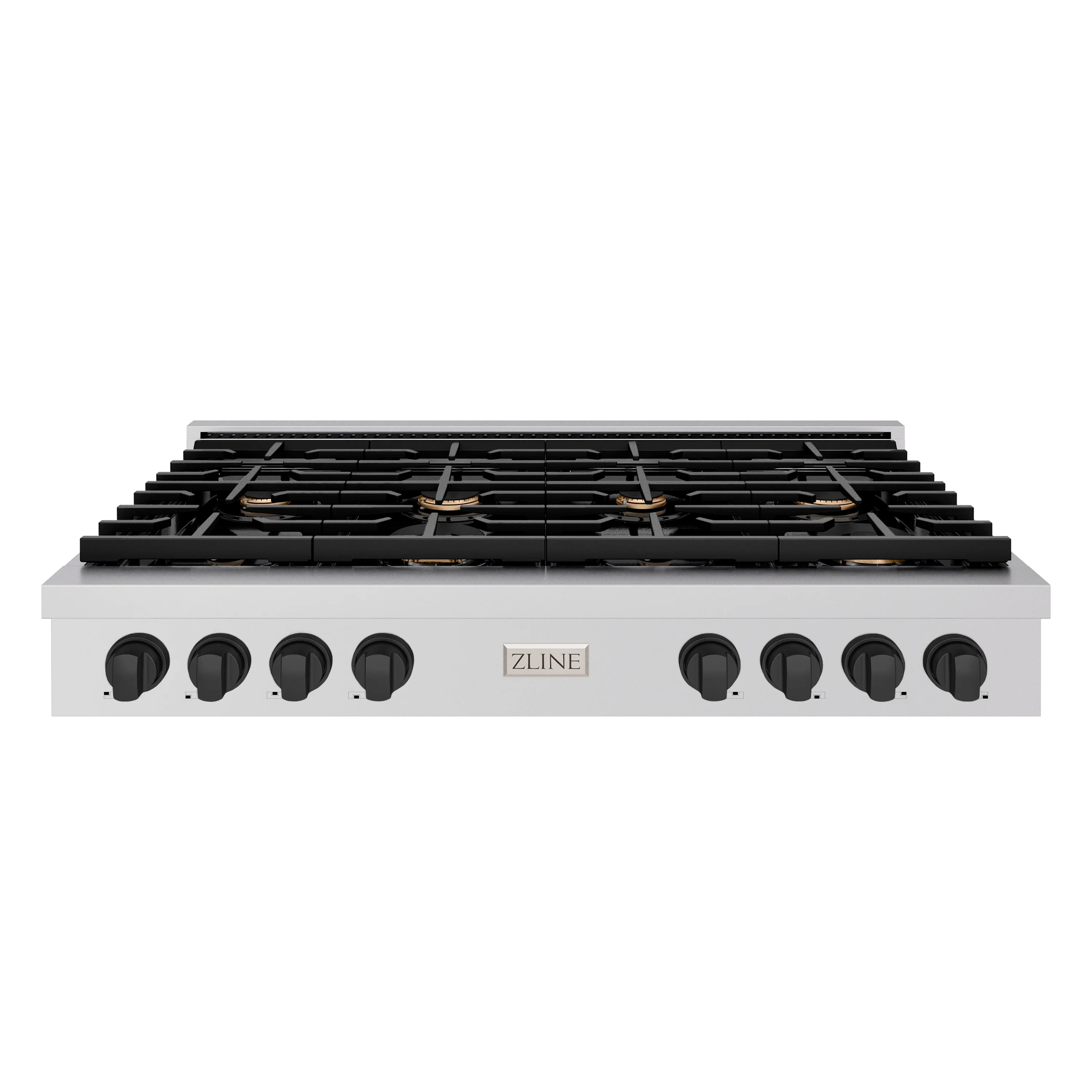 Front view gas rangetop with black grates and matte black control knobs on stainless panel