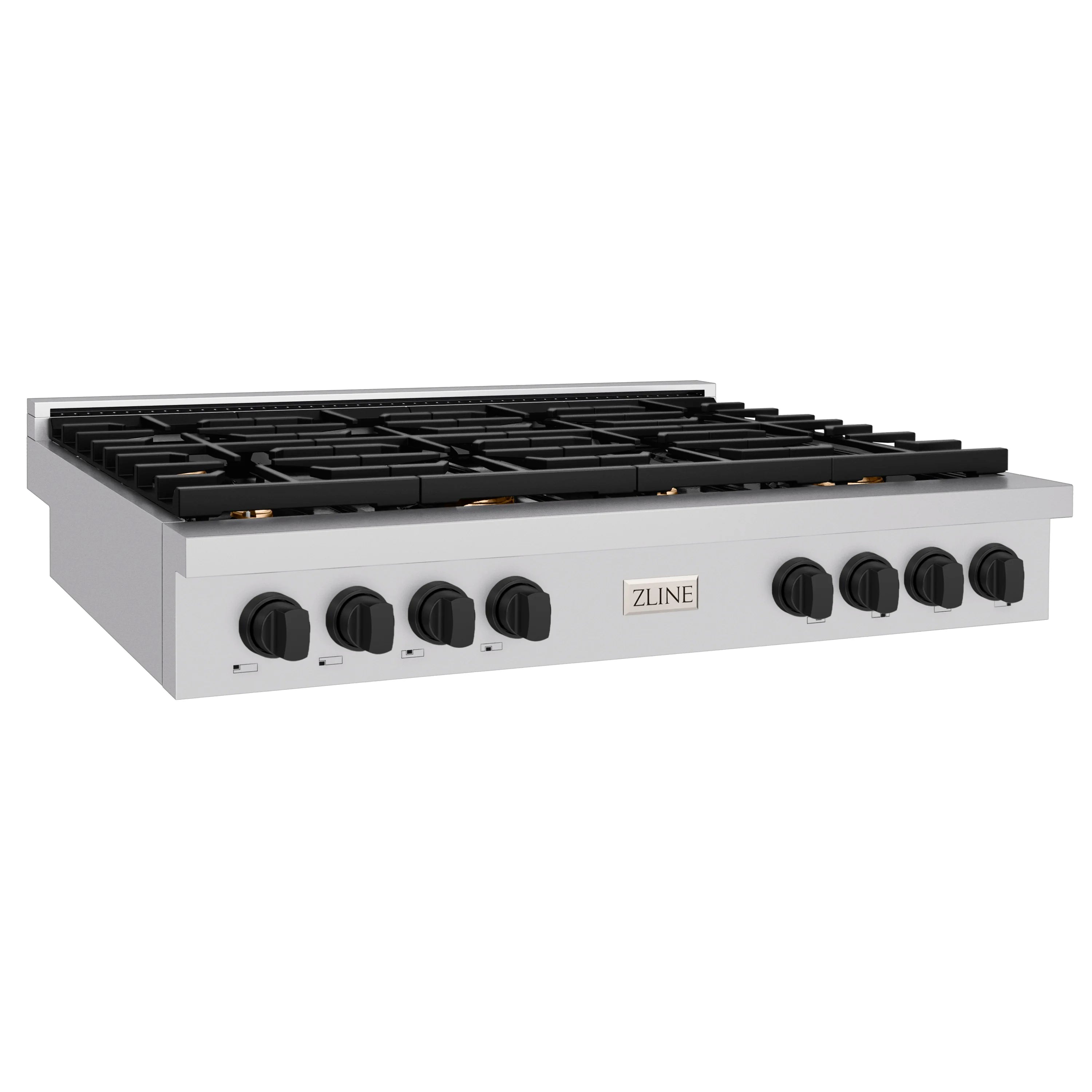 Gas rangetop showing black grates and 8 matte black burner control knobs