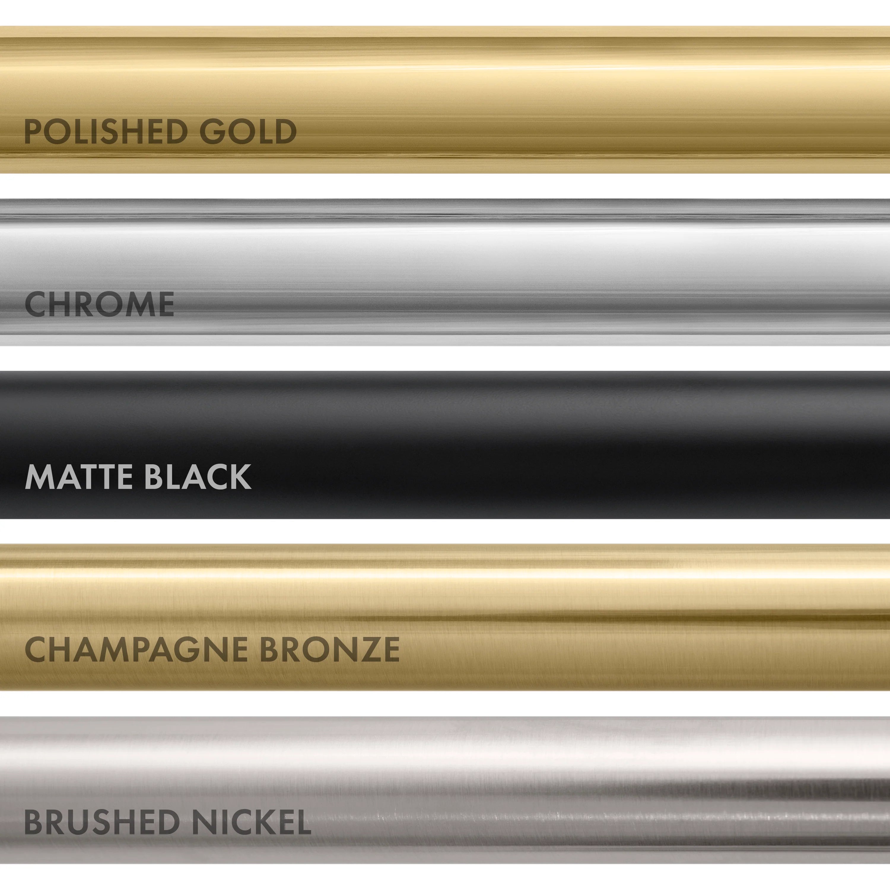 Finish options chart with bars labeled polished gold, chrome, matte black, champagne bronze, brushed nickel