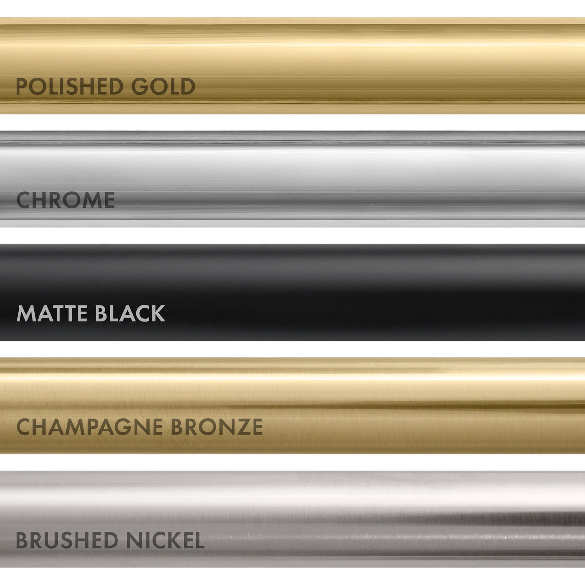 Shower finish options: Polished Gold, Chrome, Matte Black, Champagne Bronze, Brushed Nickel