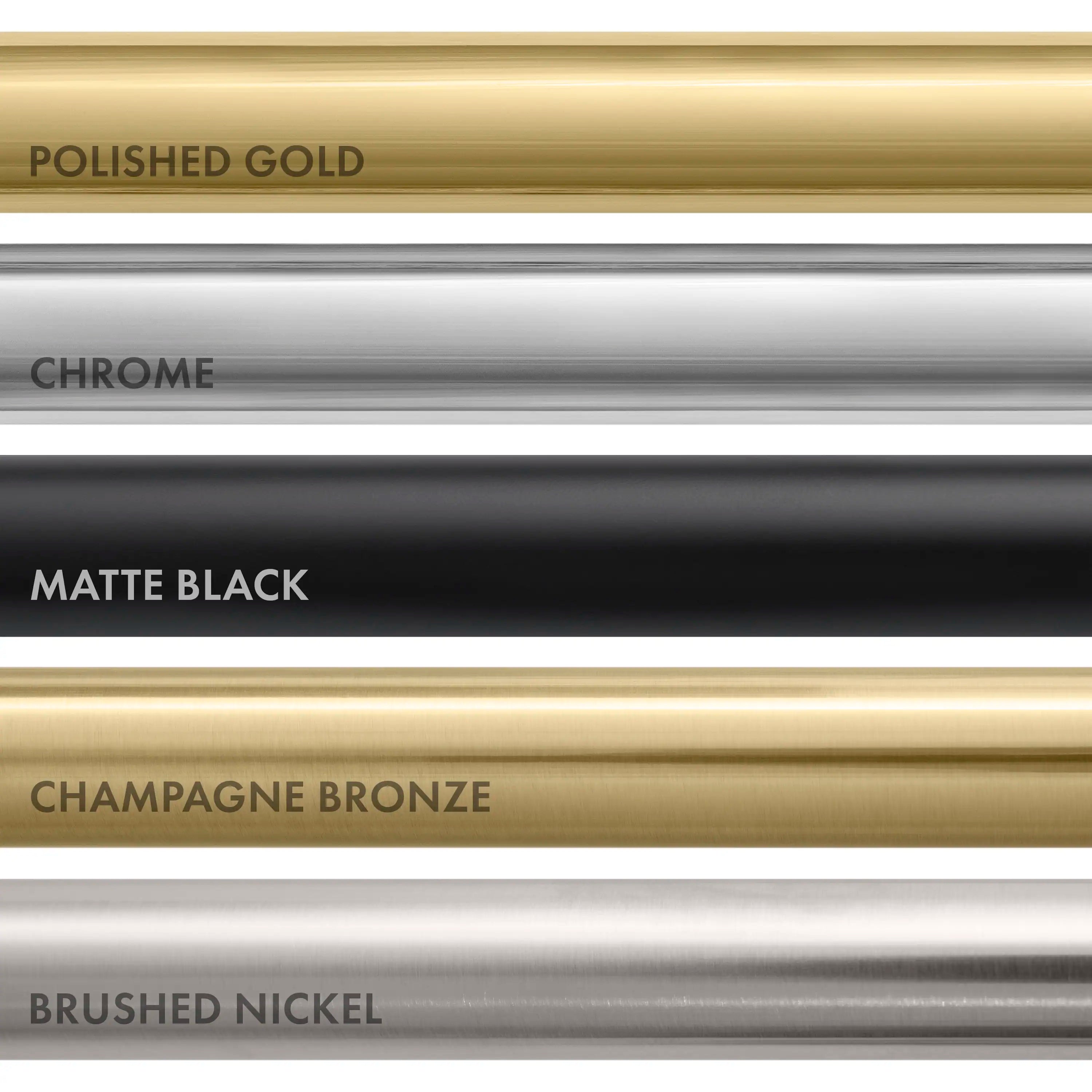 Finish options: polished gold, chrome, matte black, champagne bronze, brushed nickel.