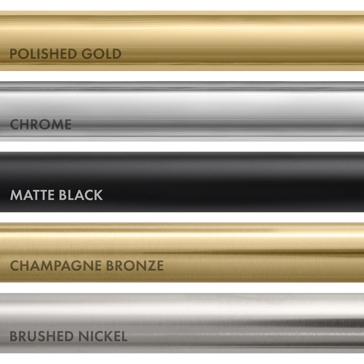 Brushed nickel finish option strip with brushed nickel, chrome, matte black, gold, bronze