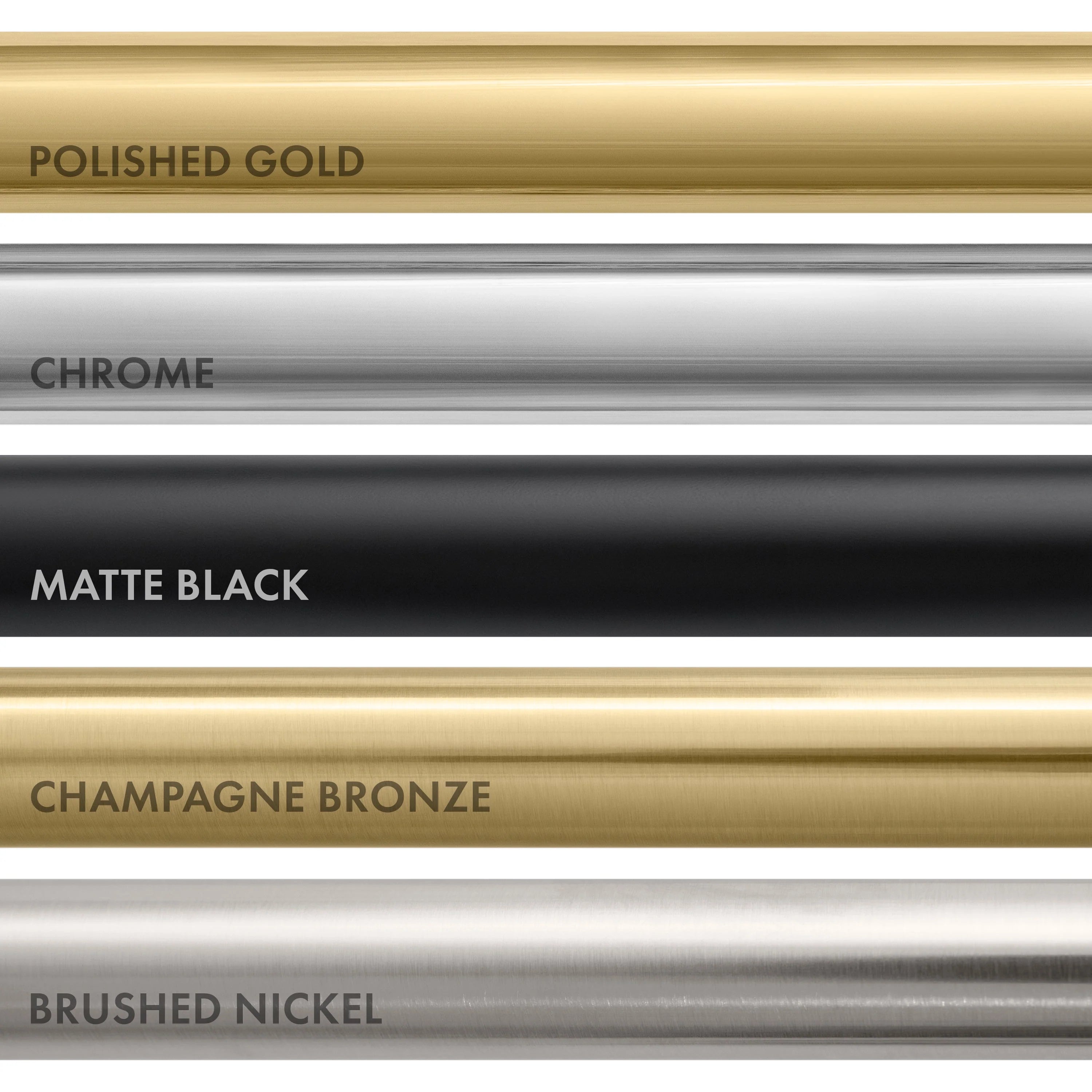 Finish options chart showing champagne bronze, polished gold, chrome, matte black, brushed nickel