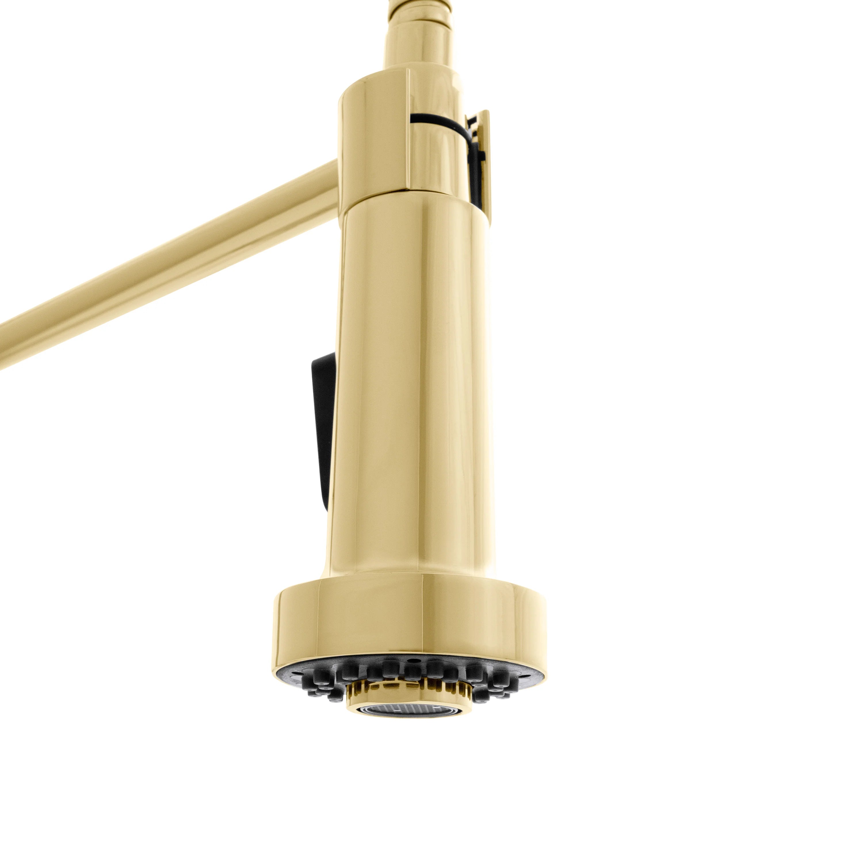 Polished gold faucet spout with aerator head and outlet opening
