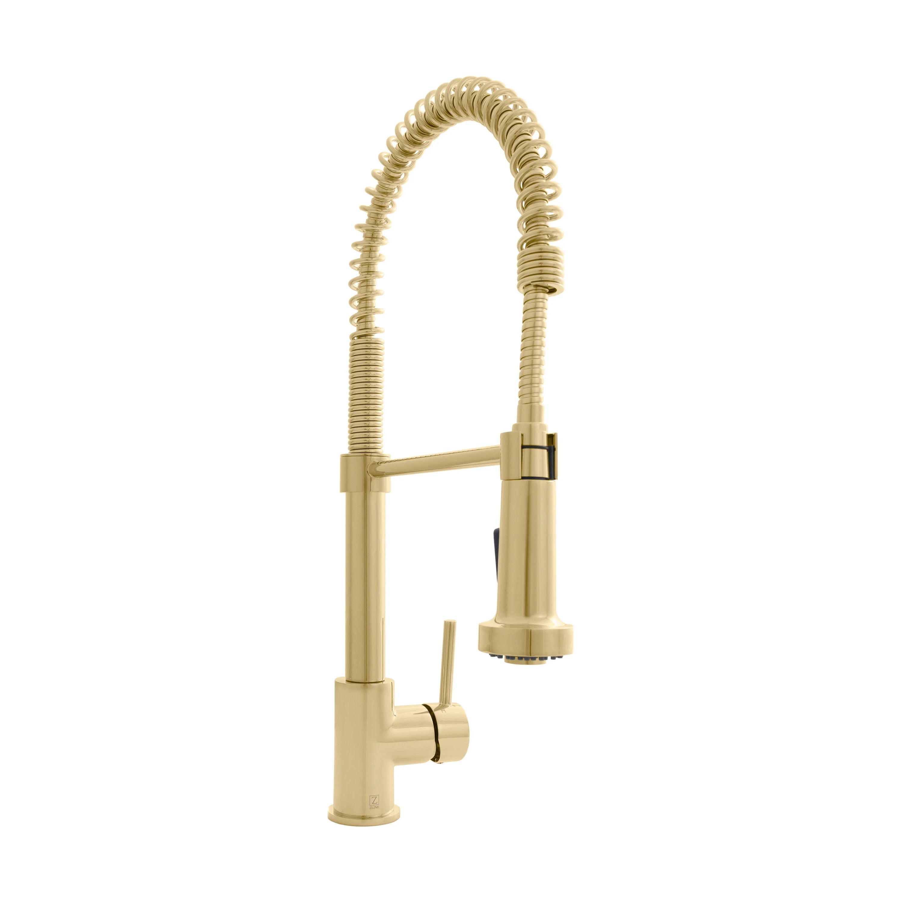 Polished gold kitchen faucet with arched neck, braided hose, and side lever