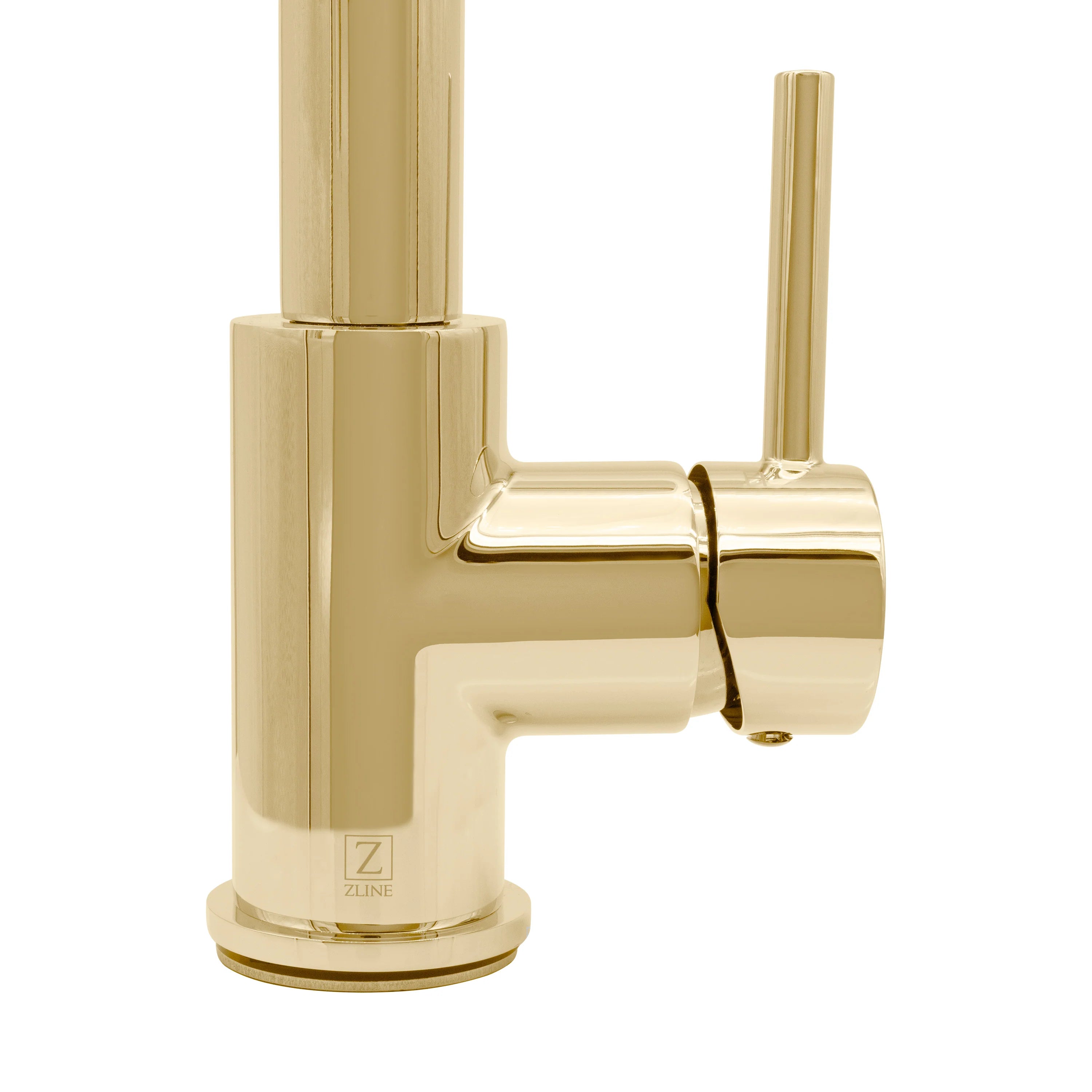 Polished gold kitchen faucet close-up of spout base and control handle