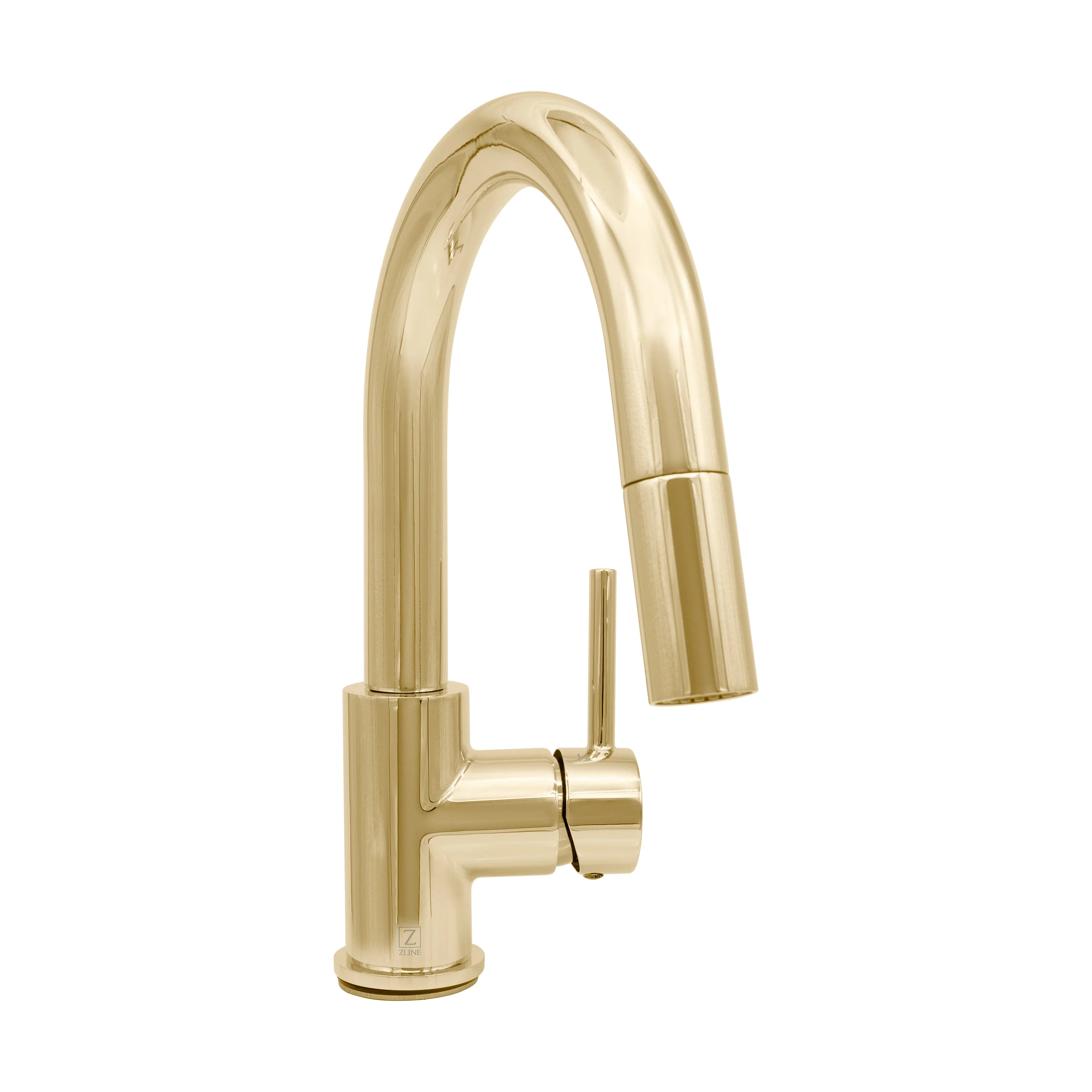Polished gold kitchen faucet with side handle and tall arched spout