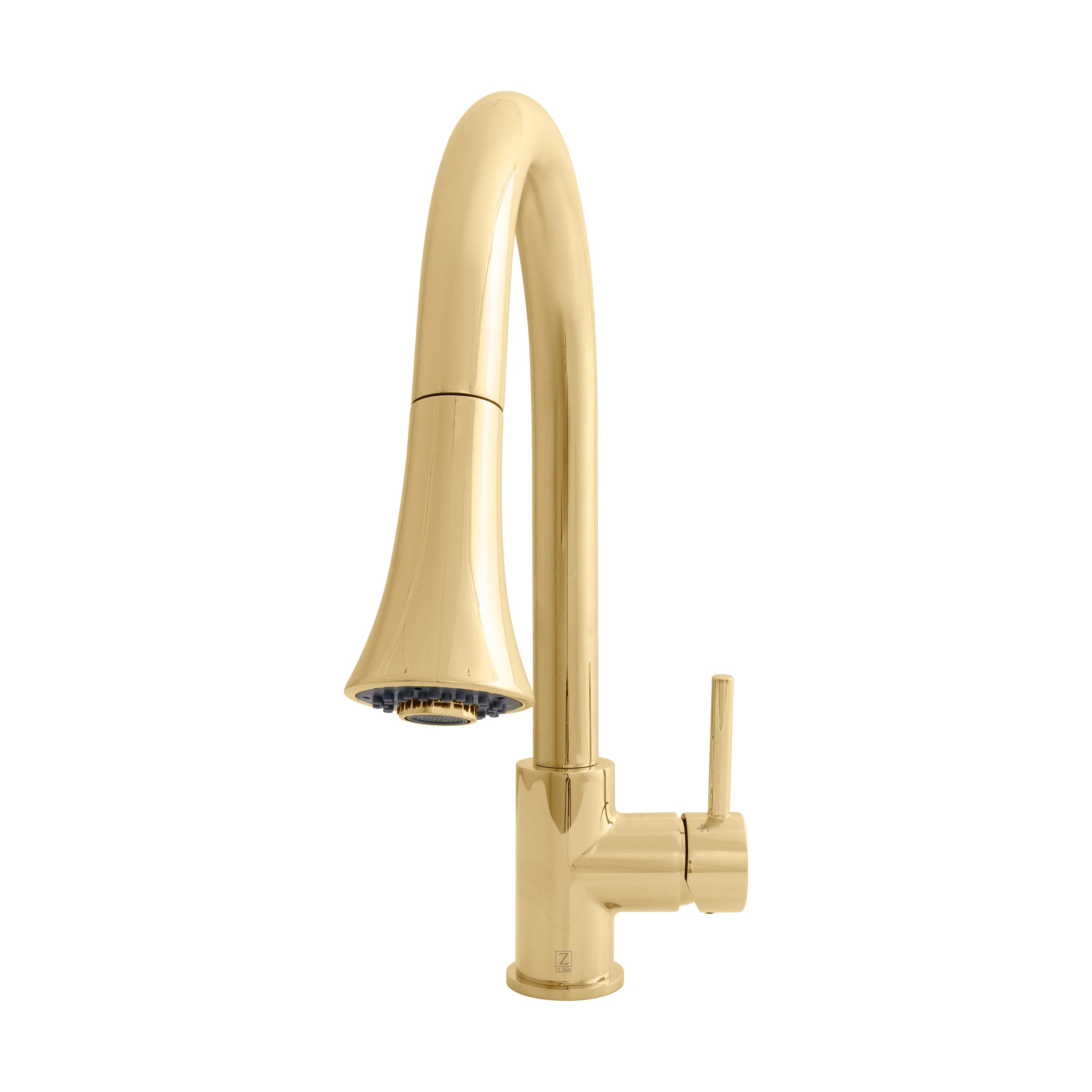 Polished gold kitchen faucet with curved spout, circular base, and side control