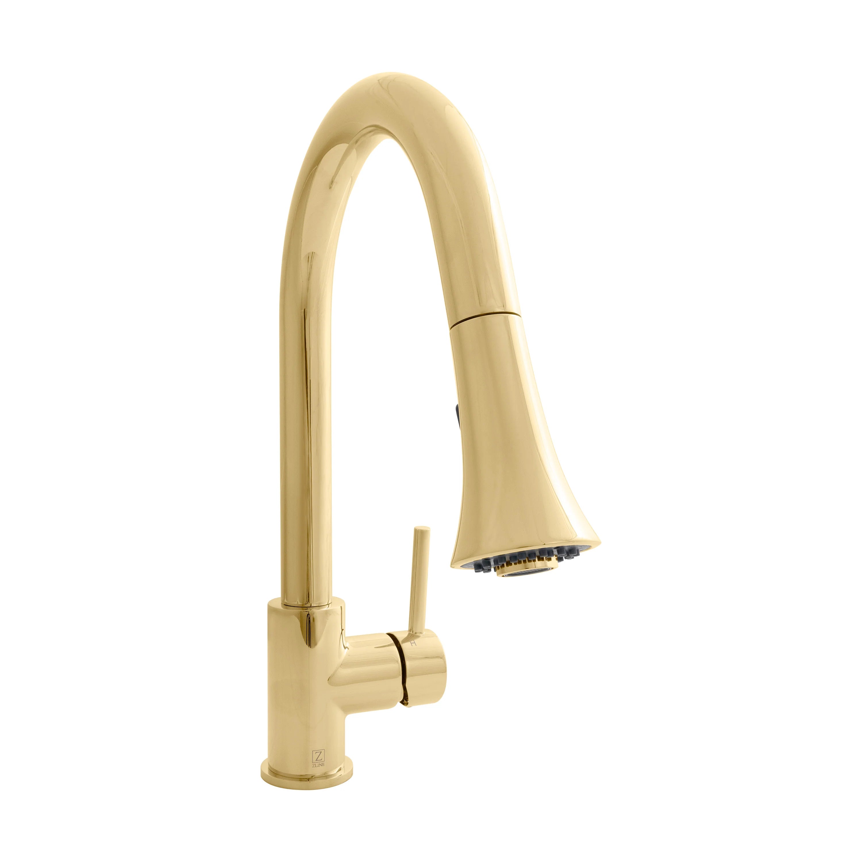 Polished gold kitchen faucet with arched gooseneck spout and side lever handle