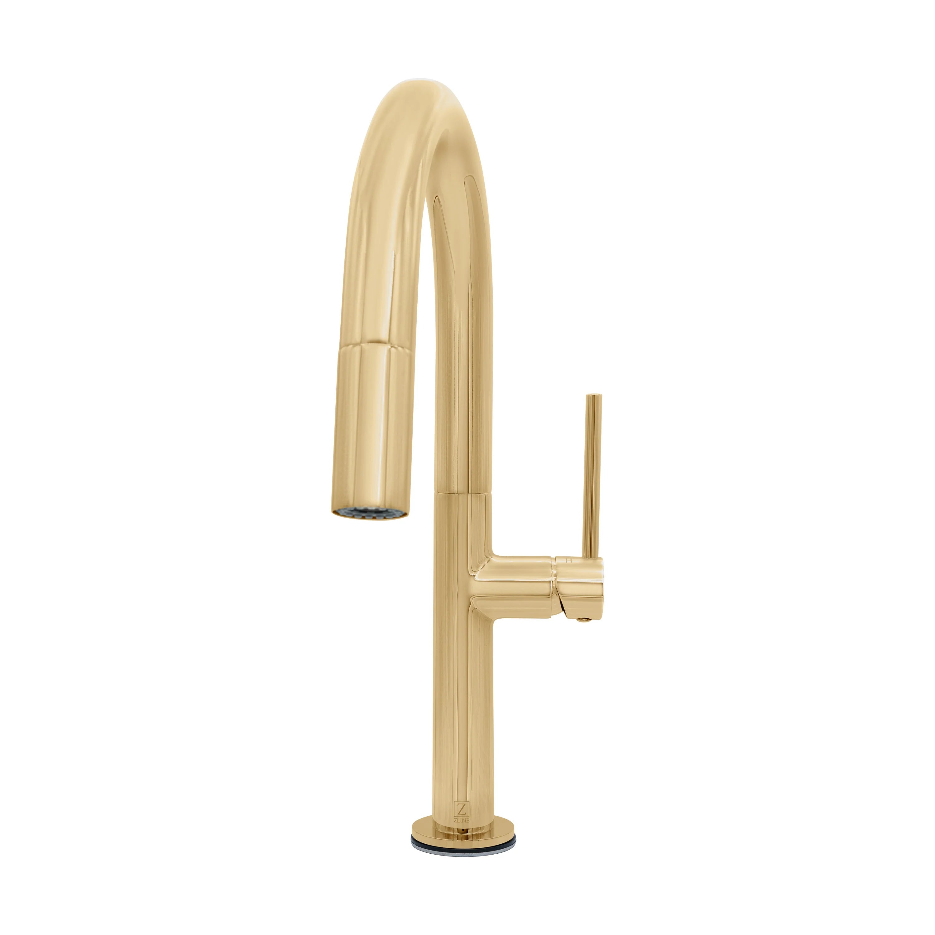 Polished gold single-handle kitchen faucet with tall arched spout and base