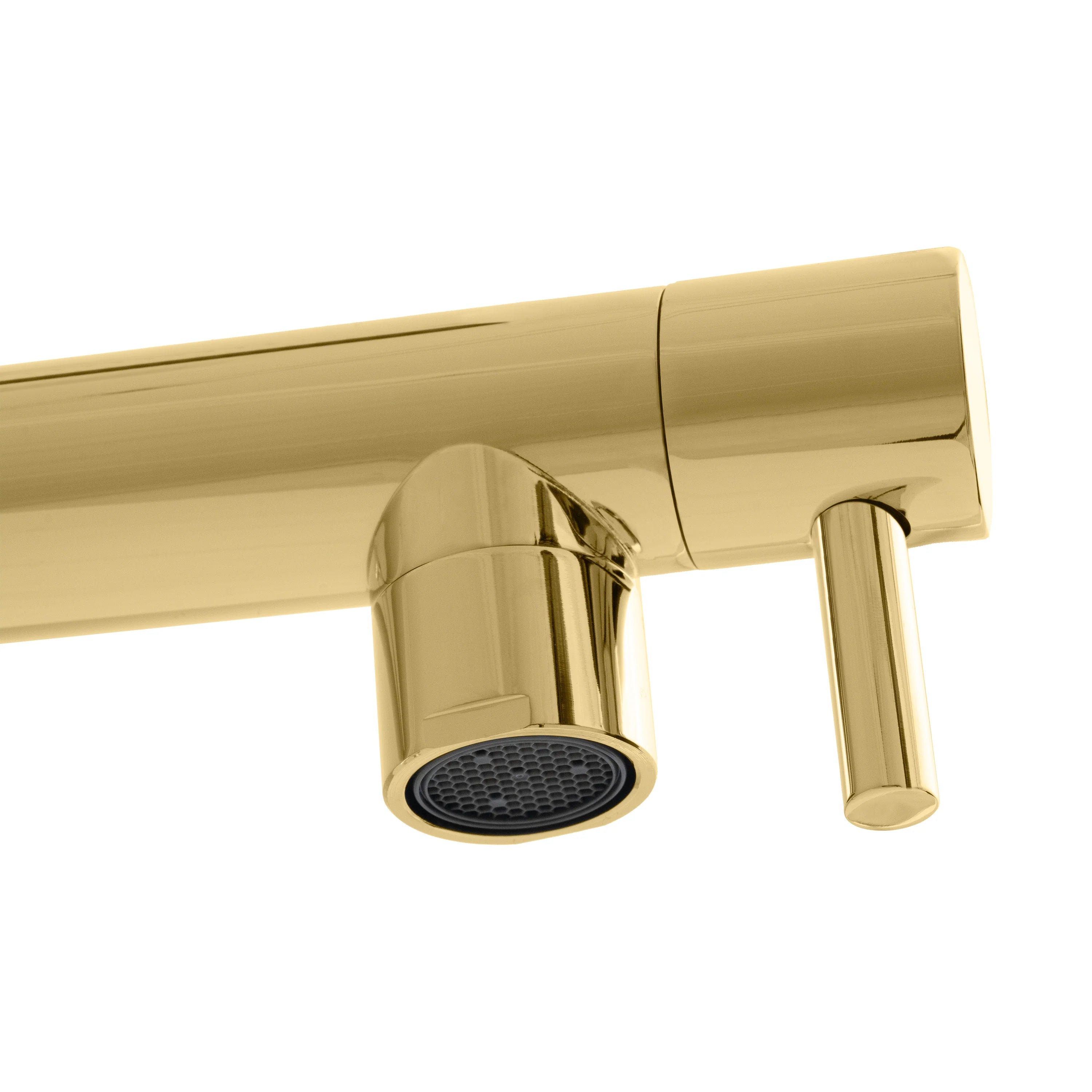 Polished gold faucet spout with aerator outlet and short curved spray pipe