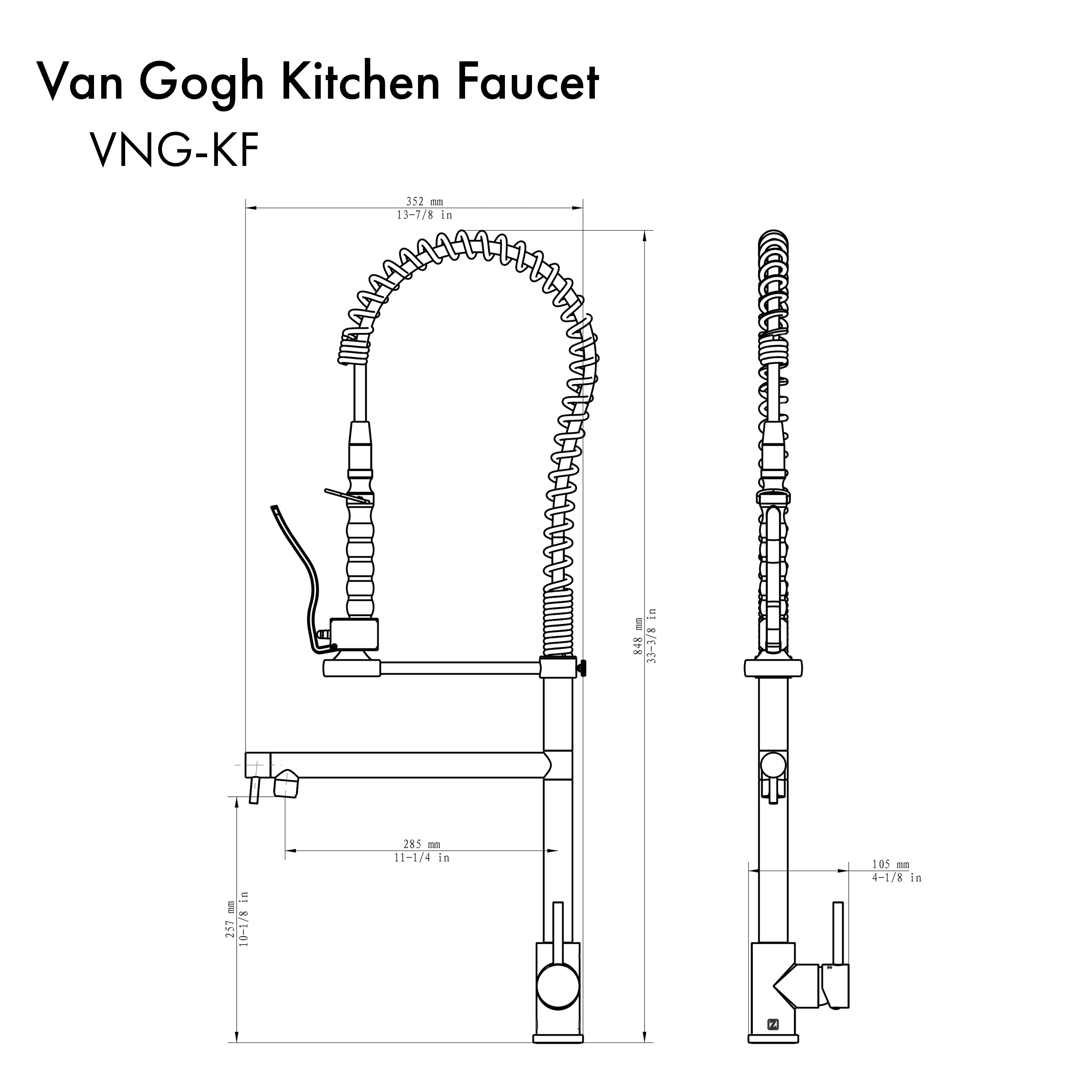 Van Gogh kitchen faucet technical dimensions diagram with sprayer and hose