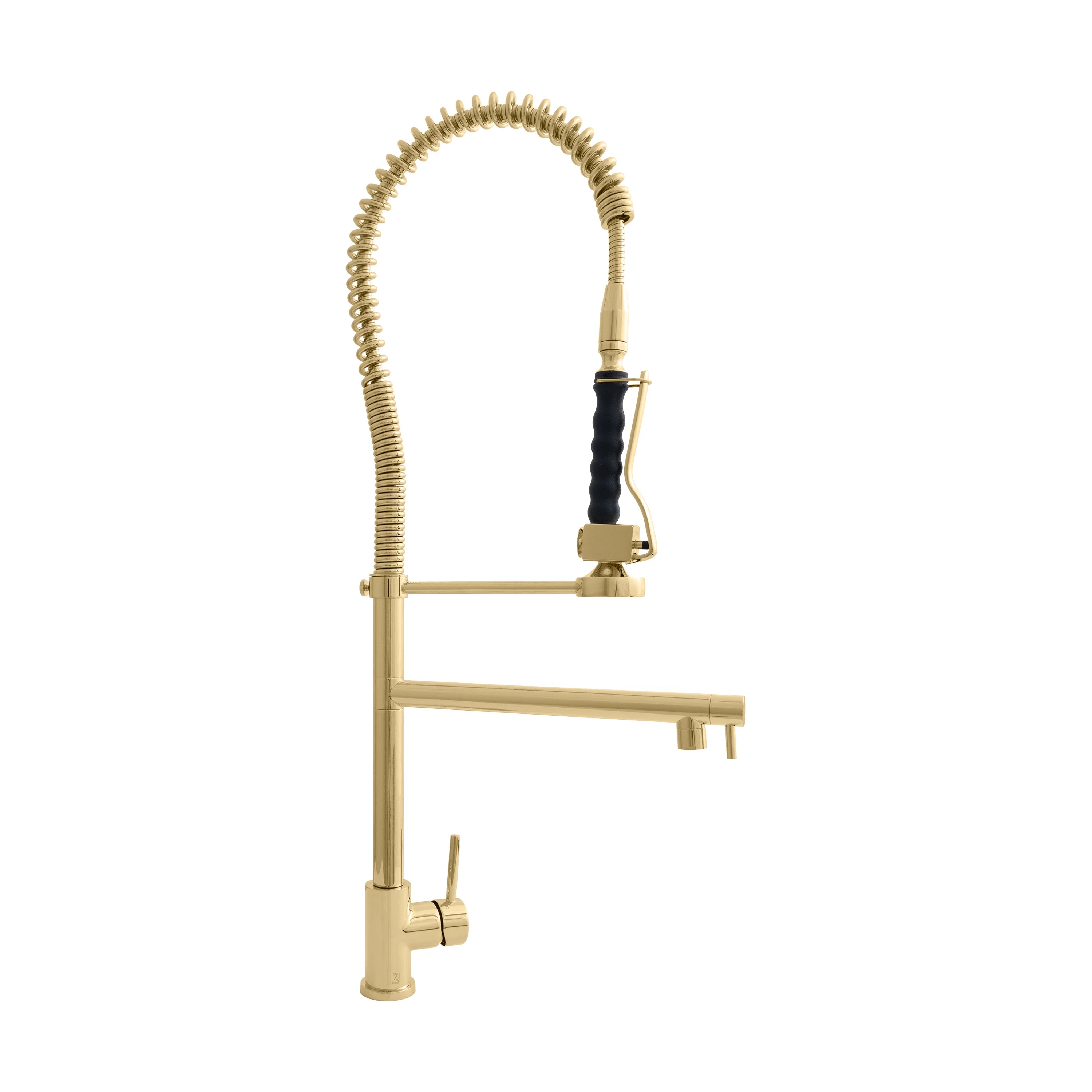 Polished gold kitchen faucet side view with arched neck and pull-down sprayer