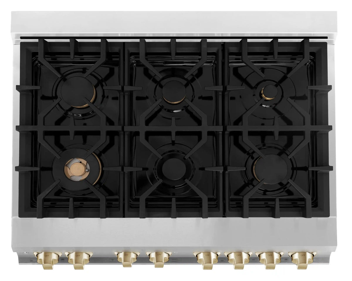 Stainless dual fuel range cooktop with black burner grates and recessed burners