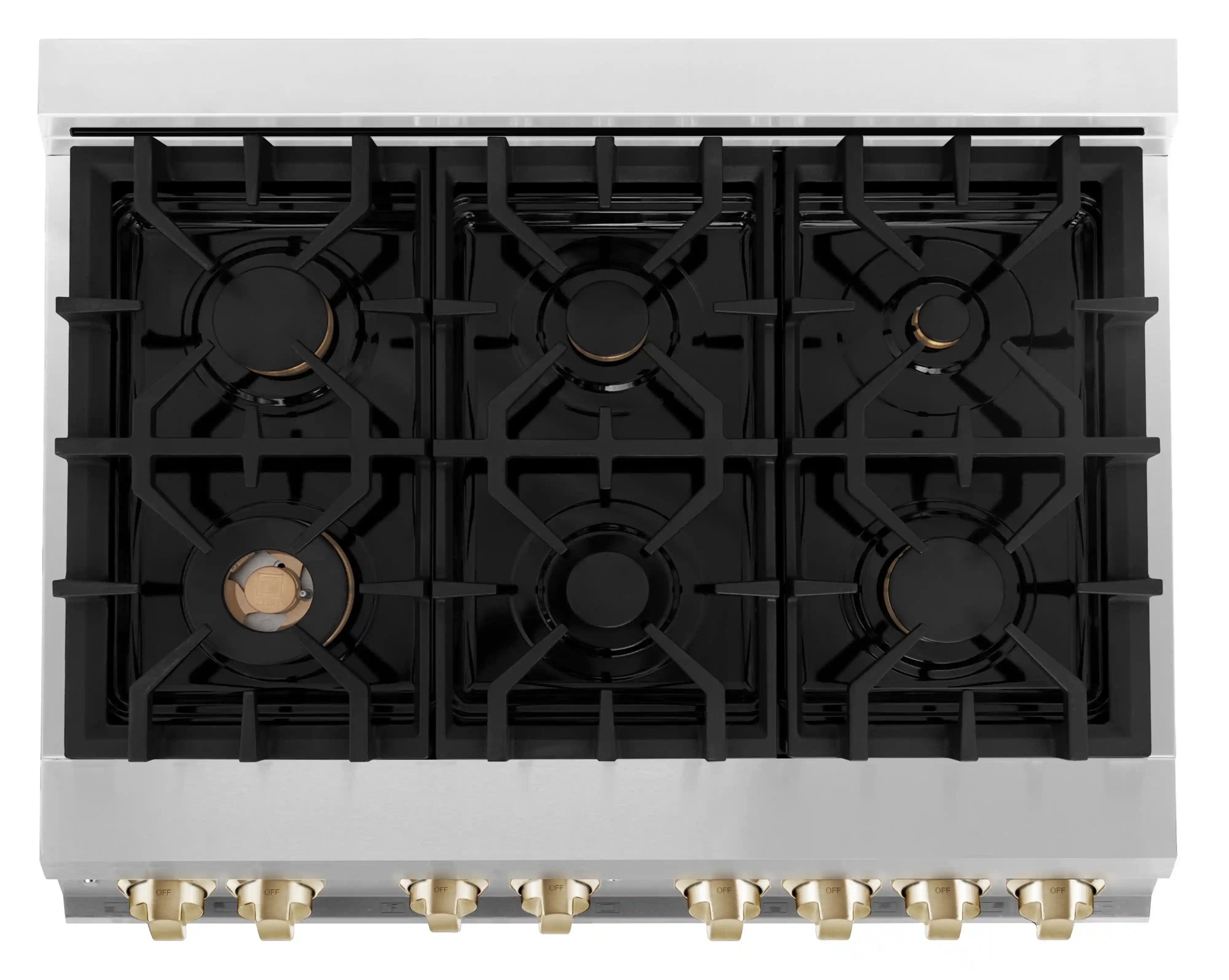 Stainless steel gas cooktop with black burner caps and gold control knobs along front edge
