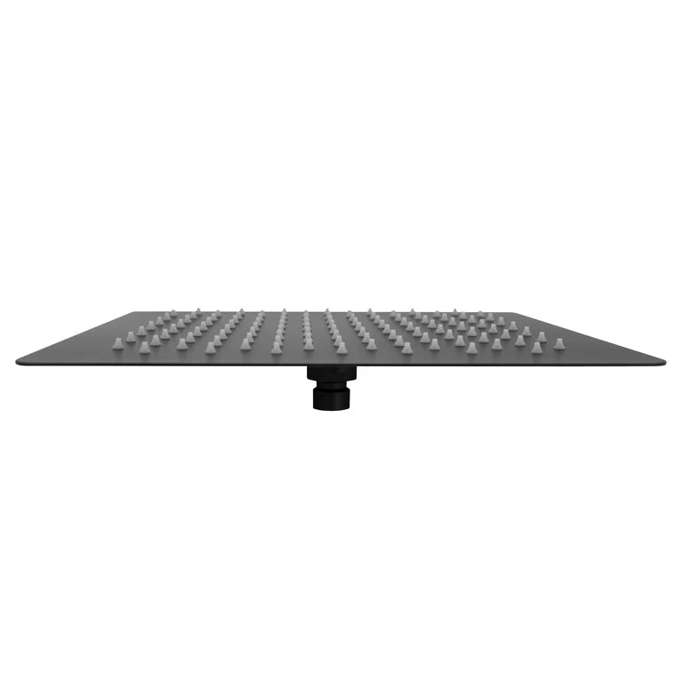 Matte black oversized ceiling shower head with spray nozzles, 12-inch square face